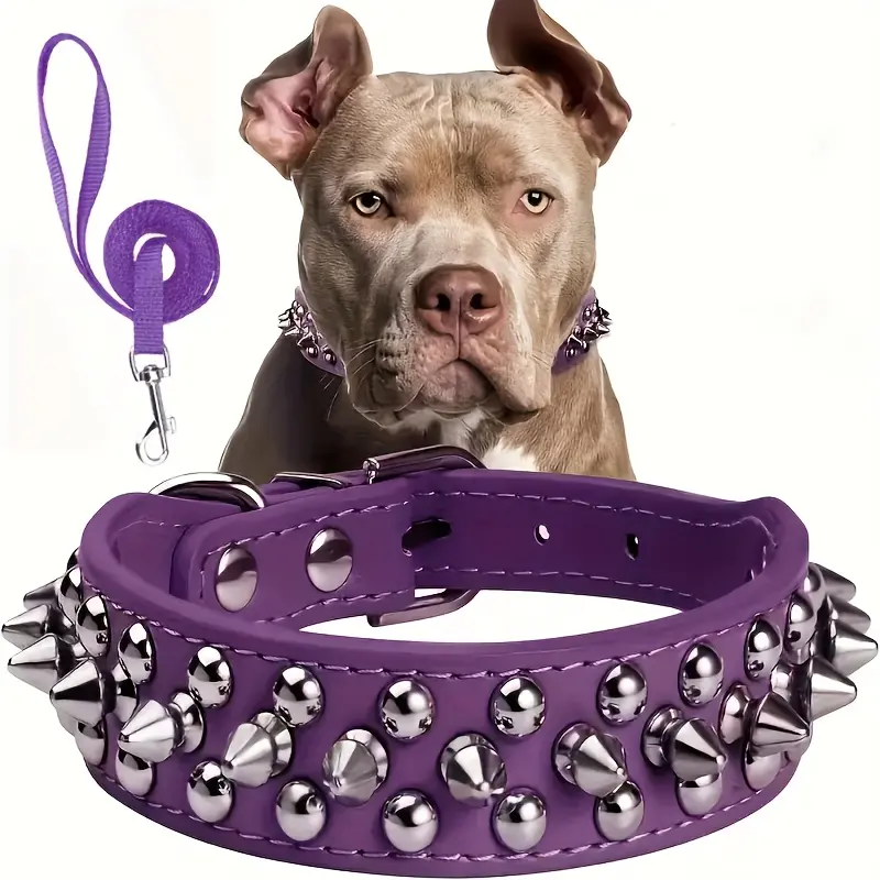 Spiked Dog Collar And Leash Set, Rivet Faux Leather Dog Collar Adjustable Dog Collar for Outdoor Walking