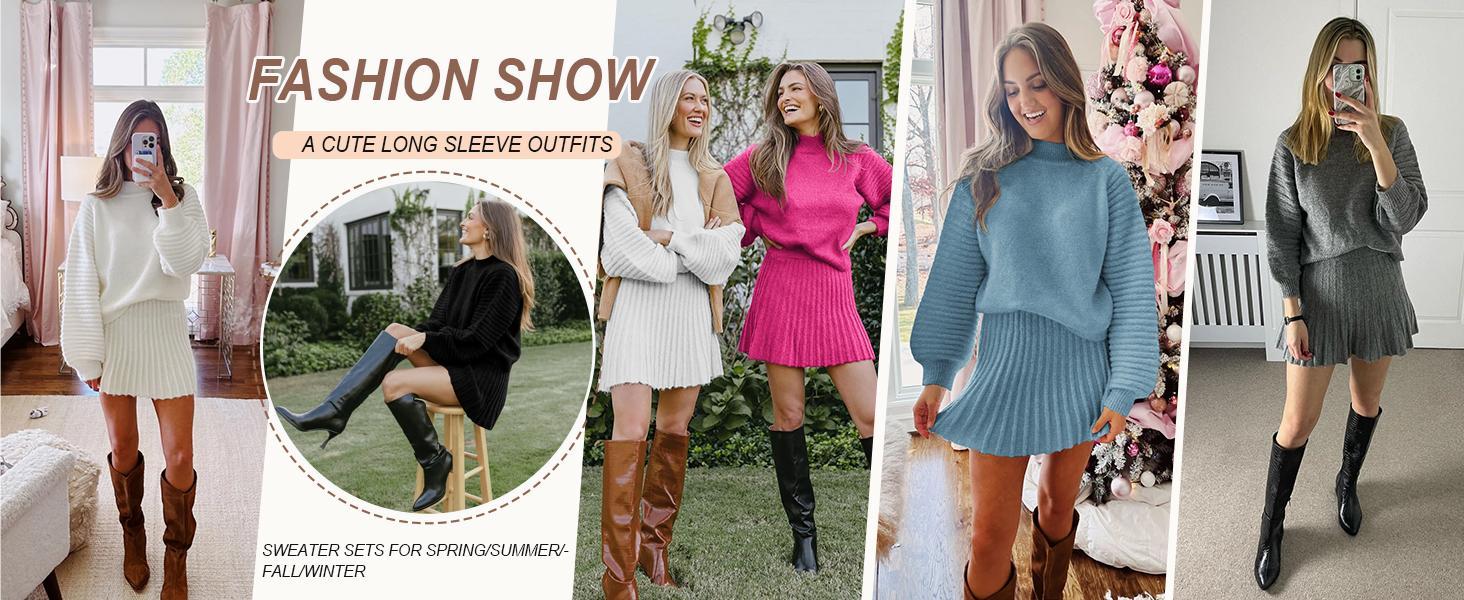 Goranbon Women's 2 Piece Outfits 2025 Long Sleeve Mock Neck Ribbed Sweaters and Mini Skirt Two Piece Sets