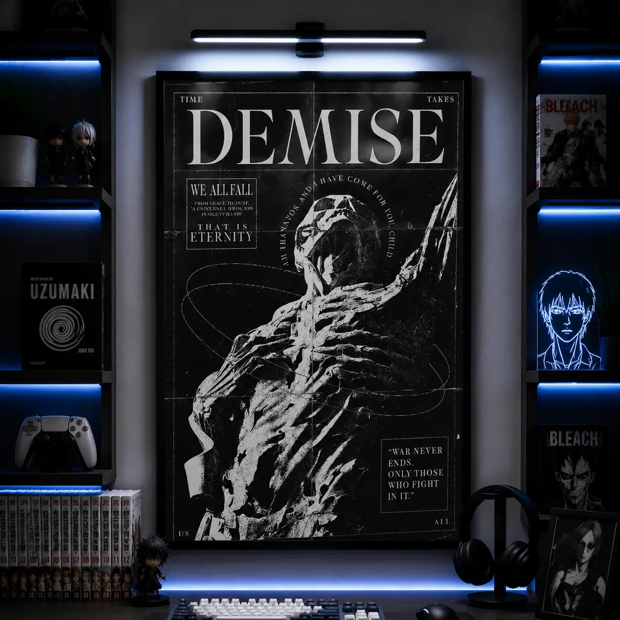 Dark gothic skeleton wall art poster black and white anatomy inspired memento mori aesthetic existential horror decor bedroom living room office gaming space skull illustration death theme art print edgy interior decor mindset reminder