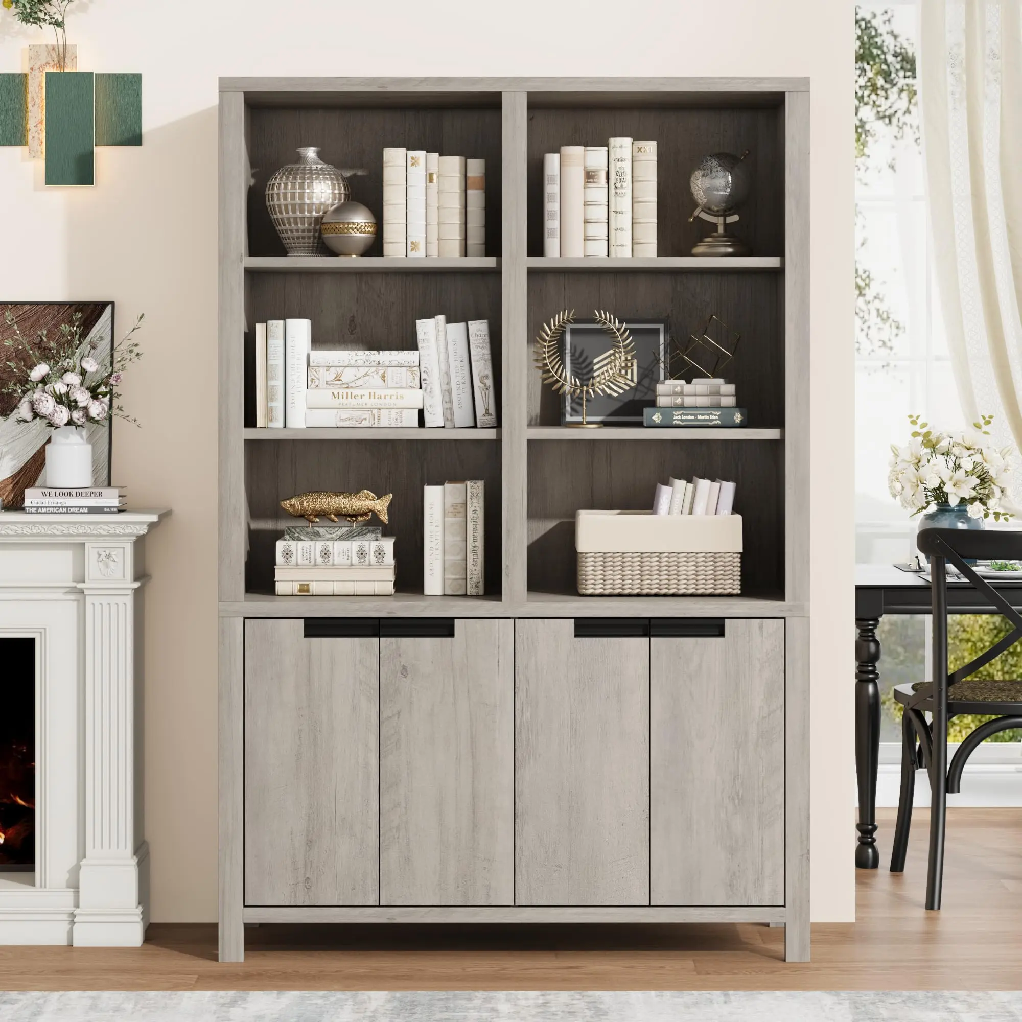71" Tall Durable Wooden Bookcase Storage Cabinet - 5-Tier Double Row, 4 Doors, Adjustable Shelves, Extra Wide Contemporary Sturdy Waterproof Organizer for Home Office, Living Room (Rustic Brown Safe & Hassle-Free Furniture)