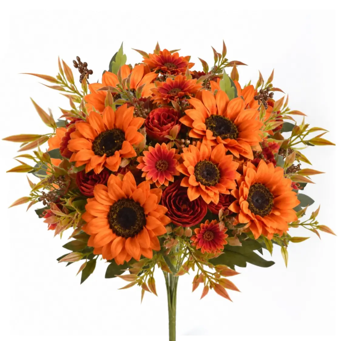 6pcs Caramel Sunflower Bouquet with Deep Roses and Berries, Vintage Home Decor, Fall Wedding, Indoor Outdoor Decoration