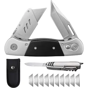 Folding Utility Knife with Sheath and 10 Razor Blades, Heavy Duty Box Cutter Knife with Dual Blades, Construction Knifes Electrician Knife  Carpet Cardboard Work, Pocket Knives Set Gift  Men