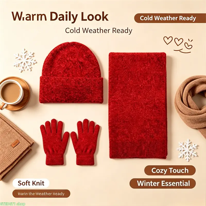Winter Knit 3-Piece Set, Cuffed Beanie, Ribbed Scarf And Touchscreen Knit Gloves, Heather Soft Thermal Windproof Unisex Warm Kit, Multi Color Daily Outfit For Ski Commute Holiday Gift