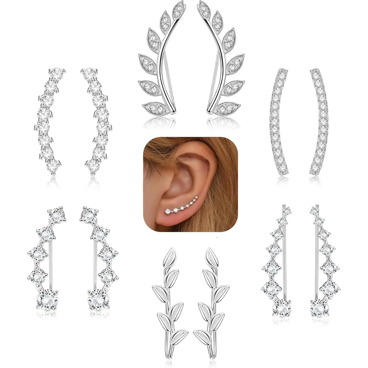6Pairs Ear Cuffs Climber Hoop Earring CZ Arrow Crawler Stud Earring Jacket for Women