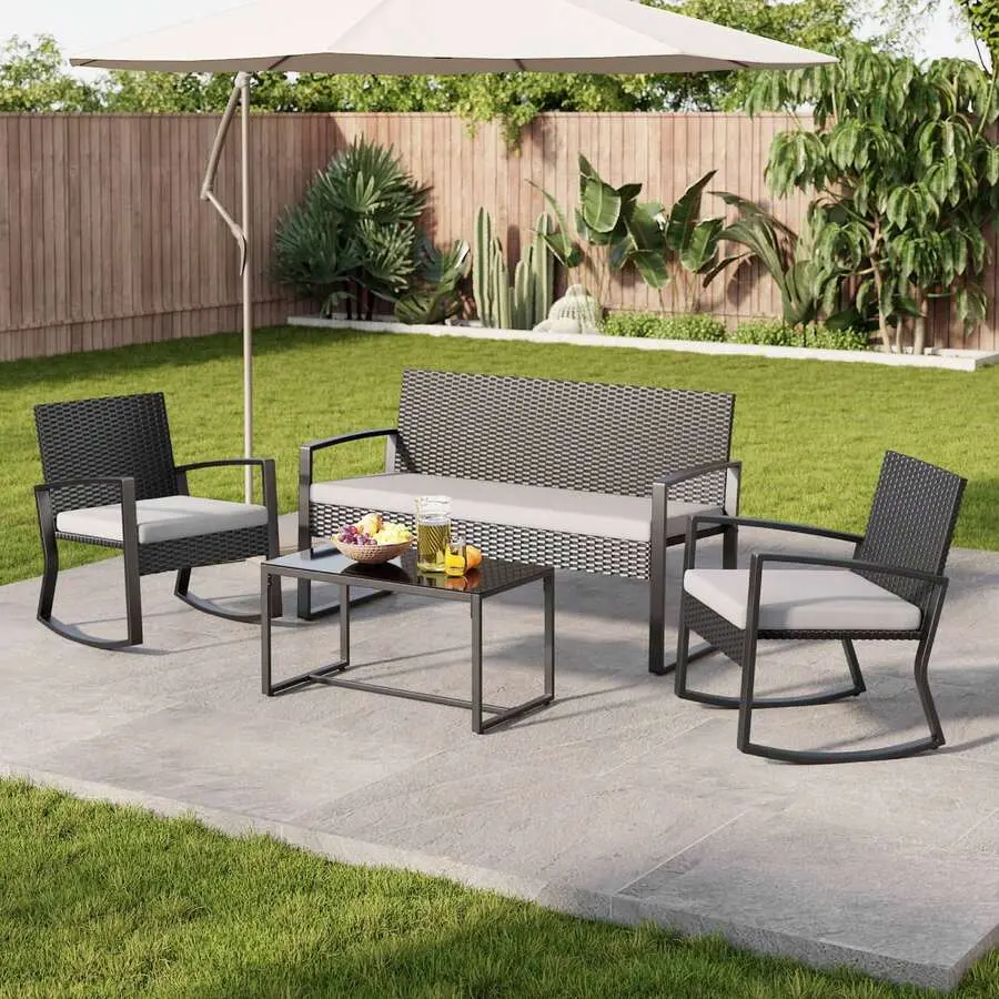 4-Piece Outdoor Patio Wicker Rattan Furniture Set - Weather-Resistant Metal Frame Chairs, Glass Top Table with Low Beach Cushions, Ideal for Backyard, Poolside Bistro Dining & Conversation Areas