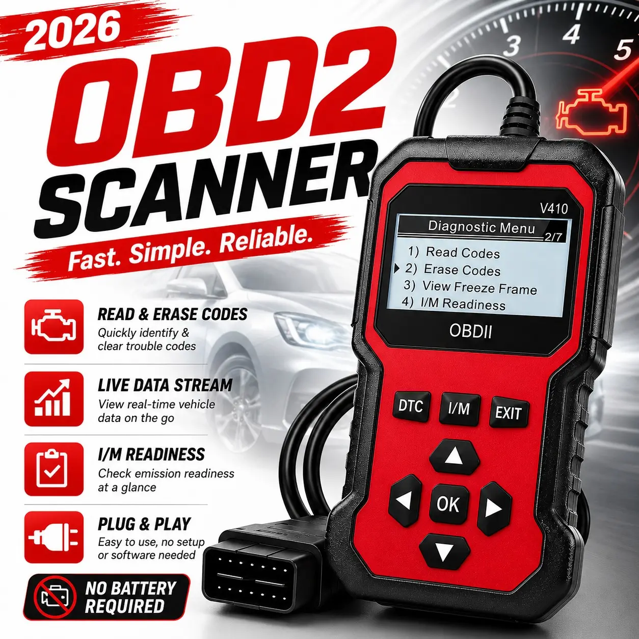 V410 OBD2 Car Diagnostic Tool, OBDII Universal Diagnostic Tool, Integrated Engine Fault Detection, Fault Code Reading & Voltage Charging Test Functions