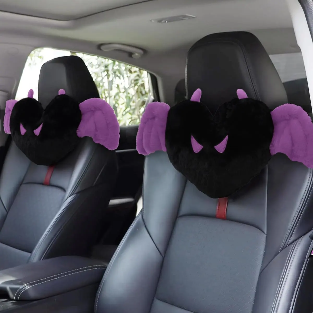 2 Pcs Heart Shaped Car Headrest Pillow Devil & Angel Wings Neck Pillow Cute Car Seat Decor Neck Support Cushions for Travel Sleeping, Driving, Home, Office, Purple Devil