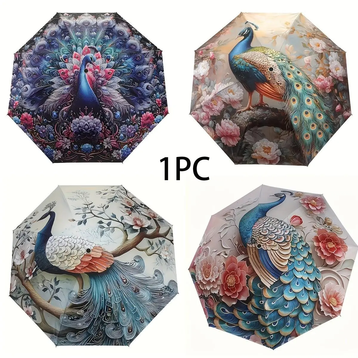 Colorful Peacock Pattern Foldable Manual Umbrella, Whimsical Umbrella, Strengthened 8-Rod Frame, UV Protection, Compact Design, Durable Plastic Fabric, Folding Umbrella