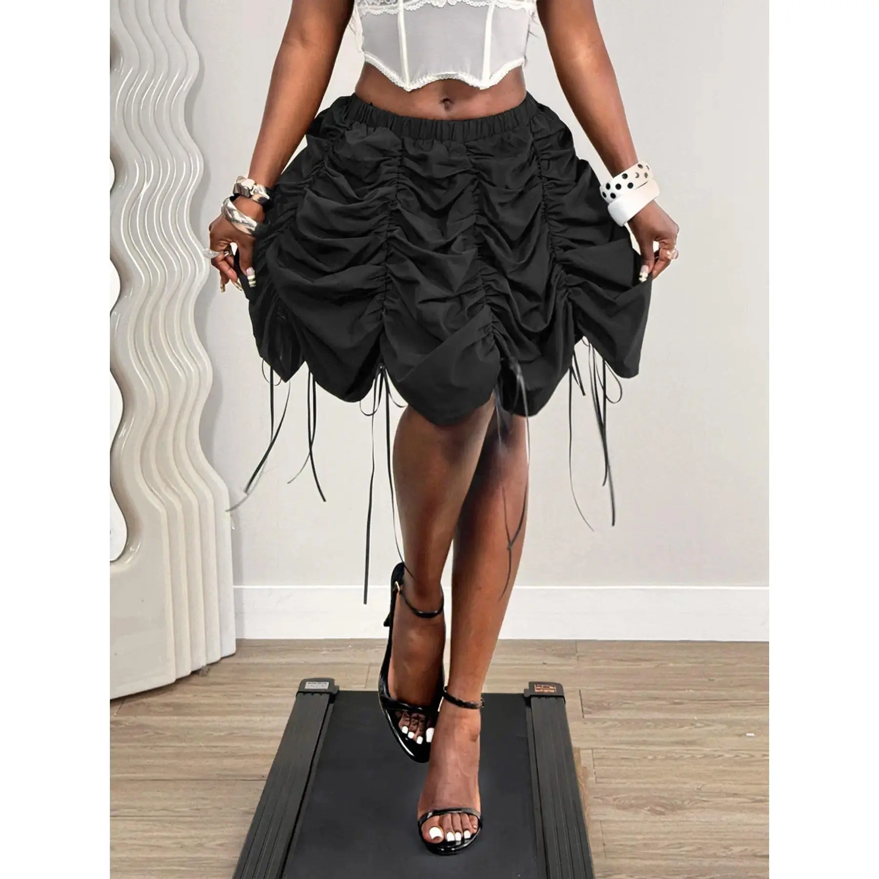 Summer Drawstring Pleated Midi Skirt, Mid Waist Bubble Skirt, Sweet Cool Girl Style, Mini Short Skirt, Fashionable Women's Clothing