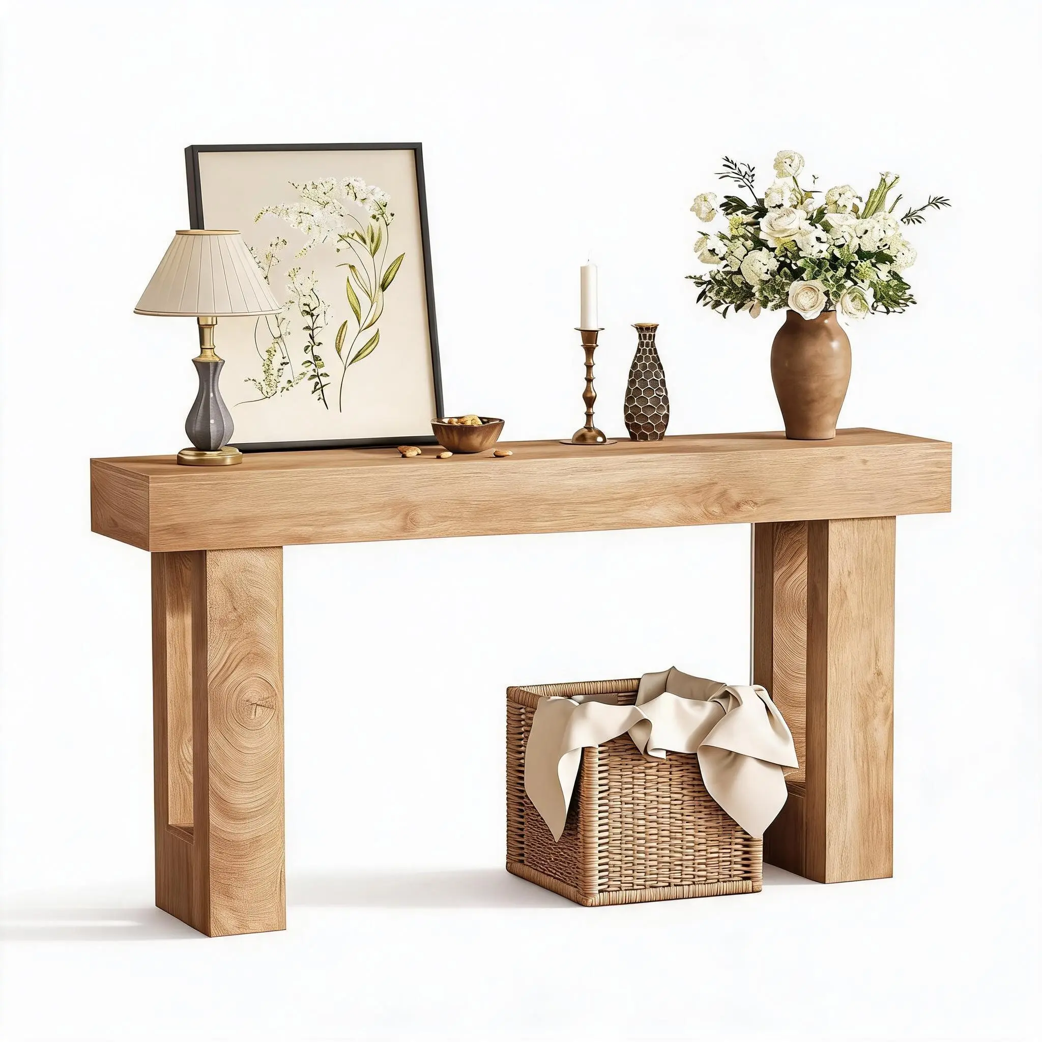 63 Inch Farmhouse Console Table for Entryway, Wooden Rectangular Sofa Table Behind Couch, Rustic Console for Entryway, Hallway, Living Room, Natural