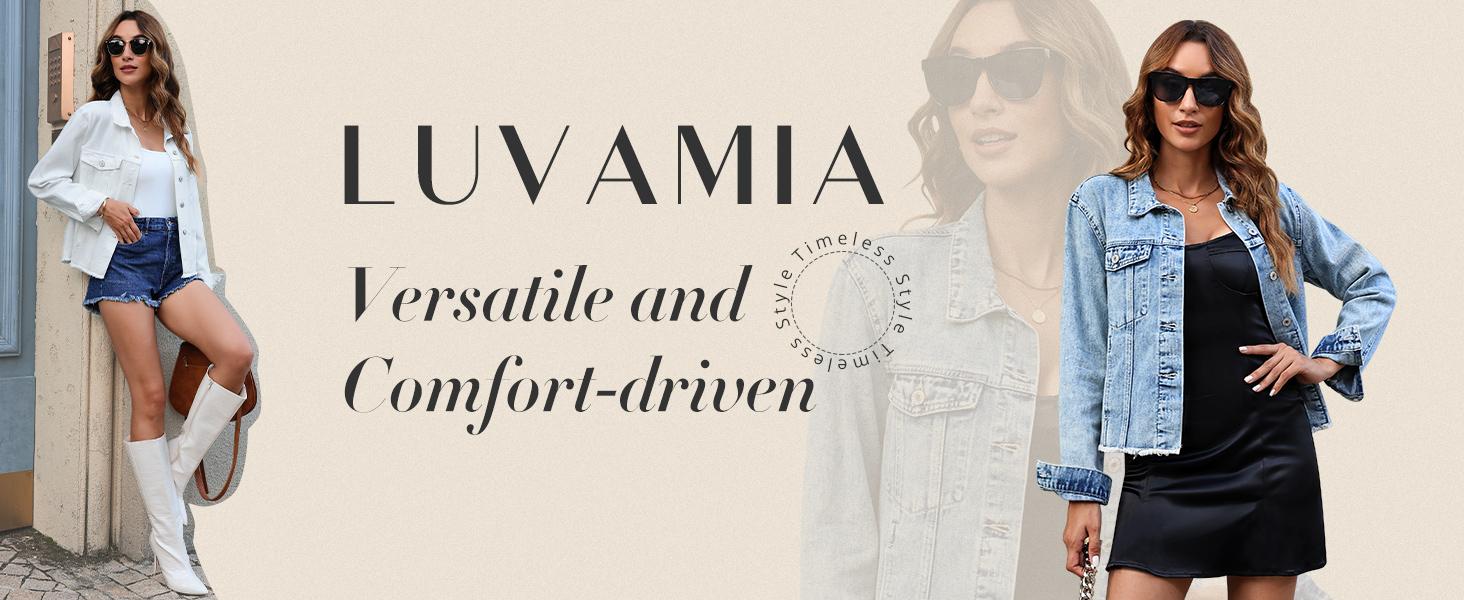 Luvamia Women's Denim Jacket Distressed Jean Button Up Vintage Western Trucker Frayed Hem Pockets Casual Coats Collared Long Sleeves Soft Denim Material Outerwear