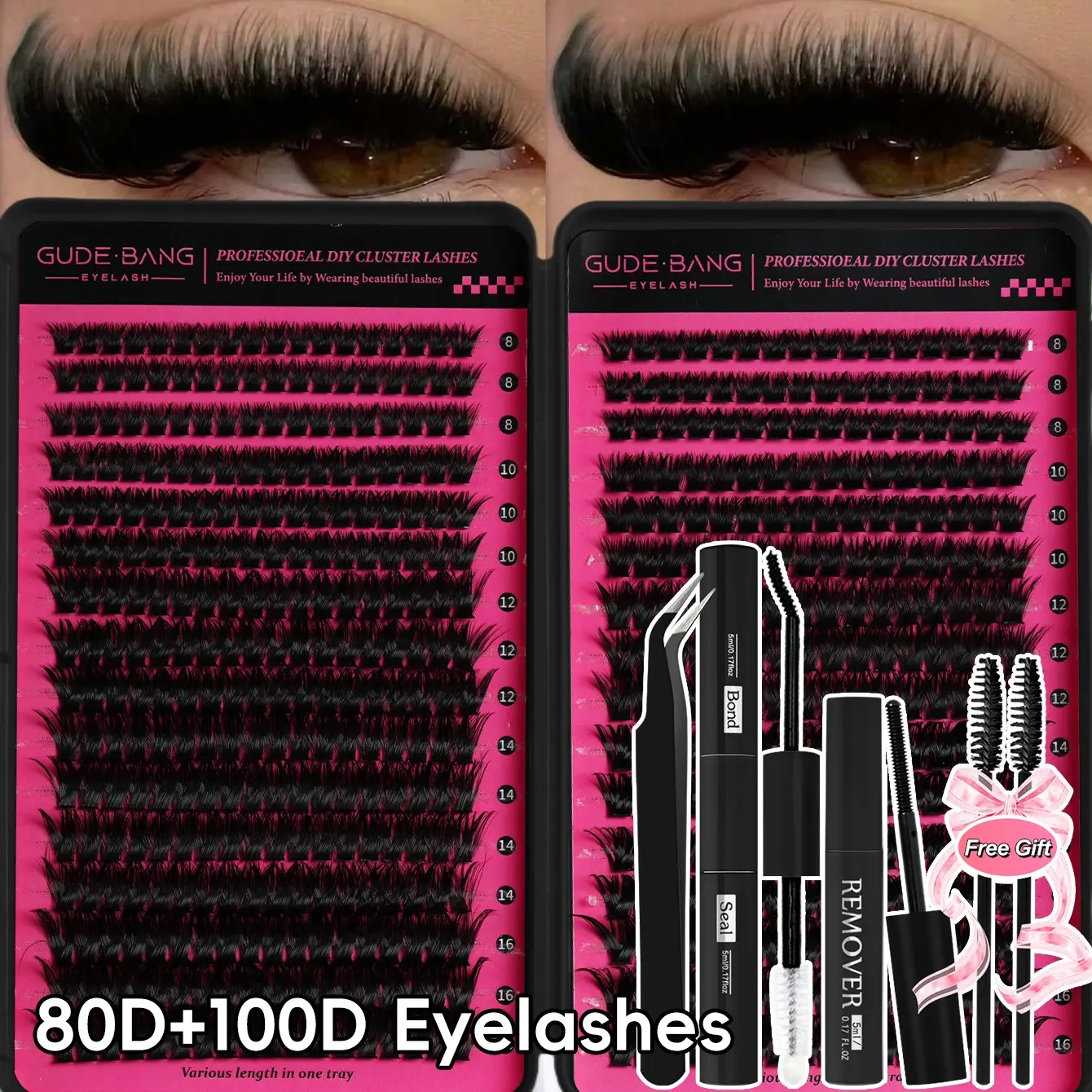 【Black Friday】All-in-One Cluster Lashes Kit with Glue, Remover & Tweezers, Wispy False Eyelashes for Easy DIY Application, Natural to Fluffy Looks, Lightweight, Beginner Friendly, Long-Lasting Wear, Includes 2 Lash Brushes