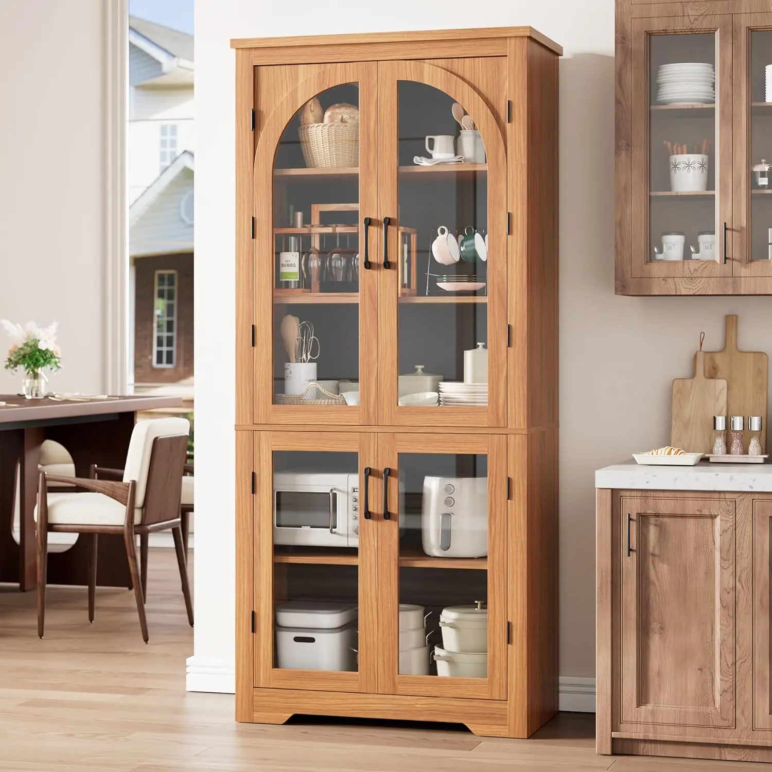 70" Tall Modern Kitchen Pantry Cabinet - 4 Arched Glass Doors, Adjustable Shelves, Versatile Indoor Storage Cupboard for Kitchen, Dining Room