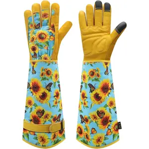 DLY Gardening Gloves for Women, Rose Gloves Gardening Thorn Proof, Long Garden Gloves for Women, Breathable Cowhide Leather Gauntlet (Medium, Blue)
