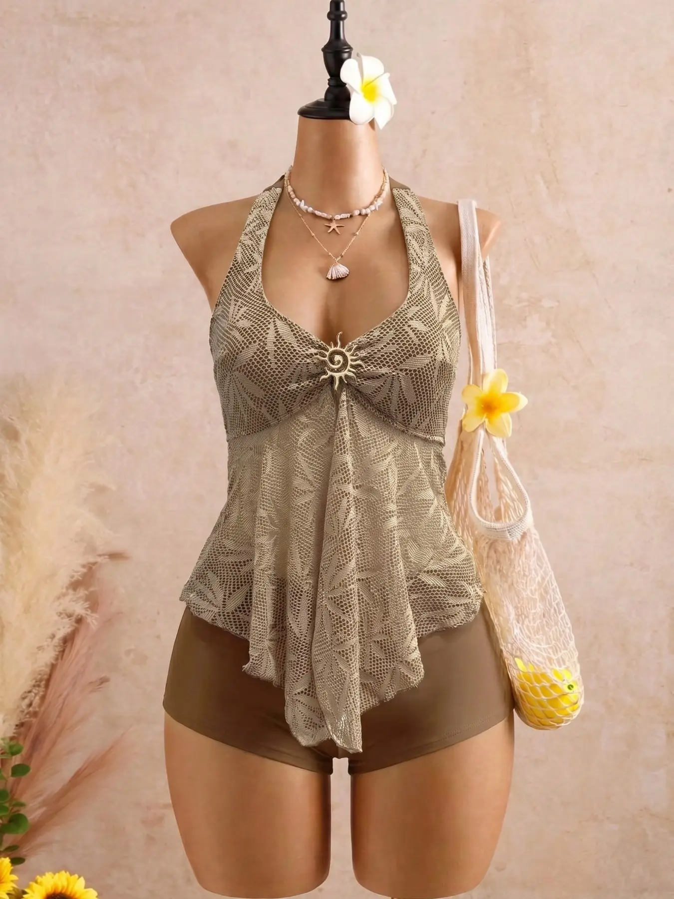 Summer Women's Soft Crochet Mesh Halter V-Neck Sun Button, Beach Vacation Sand Party Two-Piece Swimsuit Set