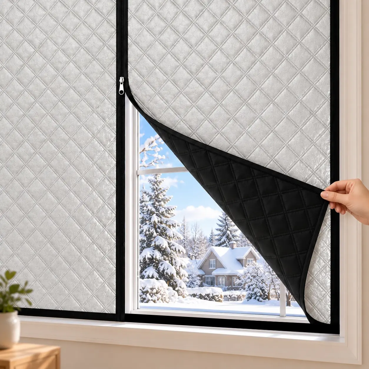 Thickened Winter Thermal Window Curtain with Zipper, Silver Quilted Insulated Blackout Curtain, Self-Adhesive, Windproof, Removable, No Drilling Required, for Bedroom and Living Room
