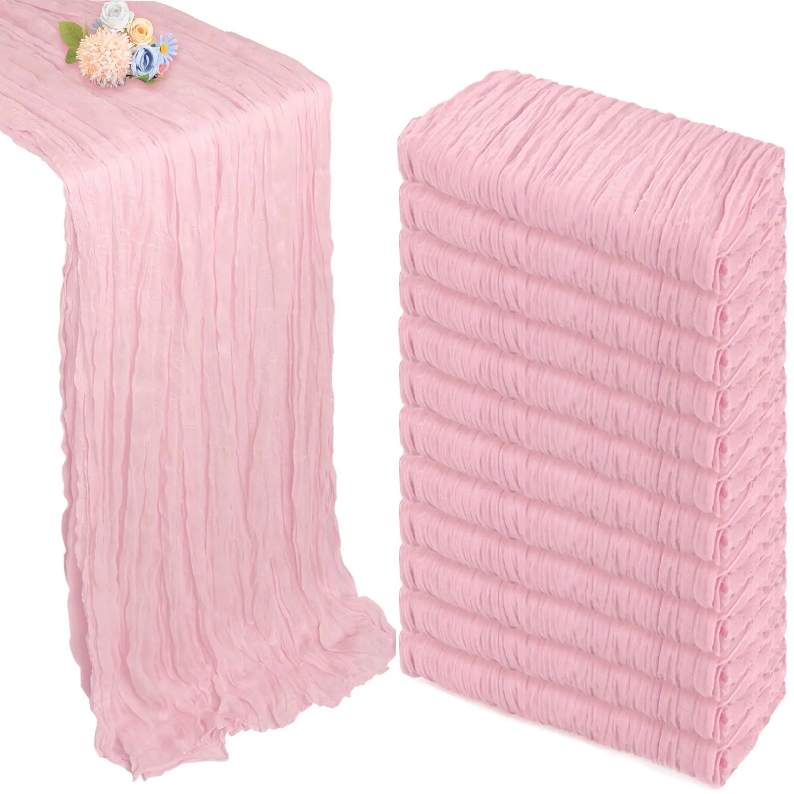 6/12 Pack Soft Blush Pink Polyester Cheesecloth Table Runner - 17x108in Semi-Sheer Boho Gauze, Machine Washable, Pleated Look, Romance Backdrop & Table Top Decoration for Wedding, Home Use