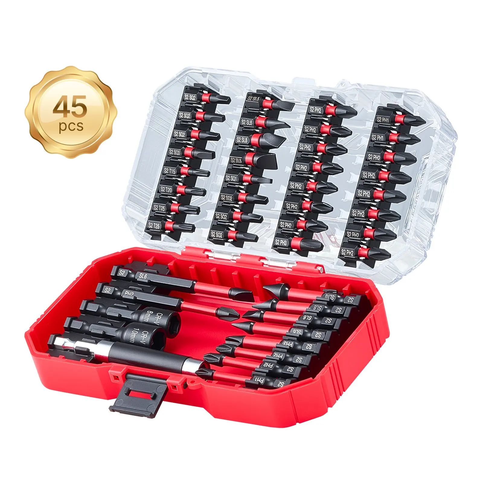 VEVOR 45-Piece Precision Screwdriver Bit Set - S2 Alloy Steel, Blackened Finish, Magnetic Bits (Phillips, Slotted, Square, Torx), Hex Nut Sockets, Extension Rod, Transparent Case with Organized Layout for Easy Access, Home Improvement, Furniture Assembly,