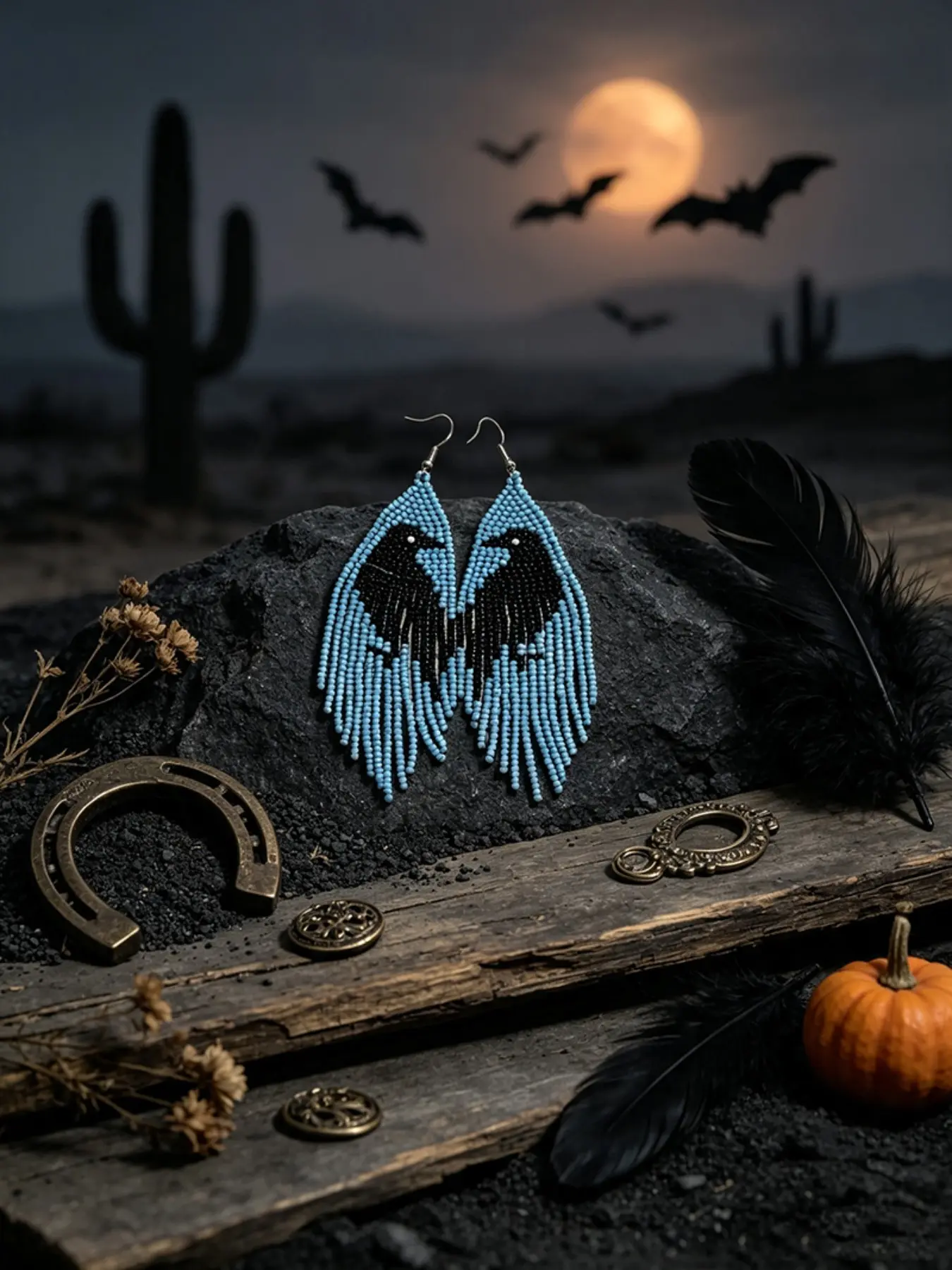 Handmade Blue Seed Bead Raven Fringe Dangle Earrings, Gothic Crow Long Tassel Drop Earrings, Halloween Jewelry Gift for Women