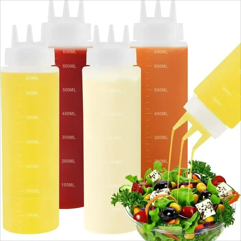 4-Pack 22oz Sauce Dispenser Bottles, Leak-Proof Triple-Hole Design, Ideal for Sauces and Salad Dressings, Kitchen Storage Containers, Kitchenware