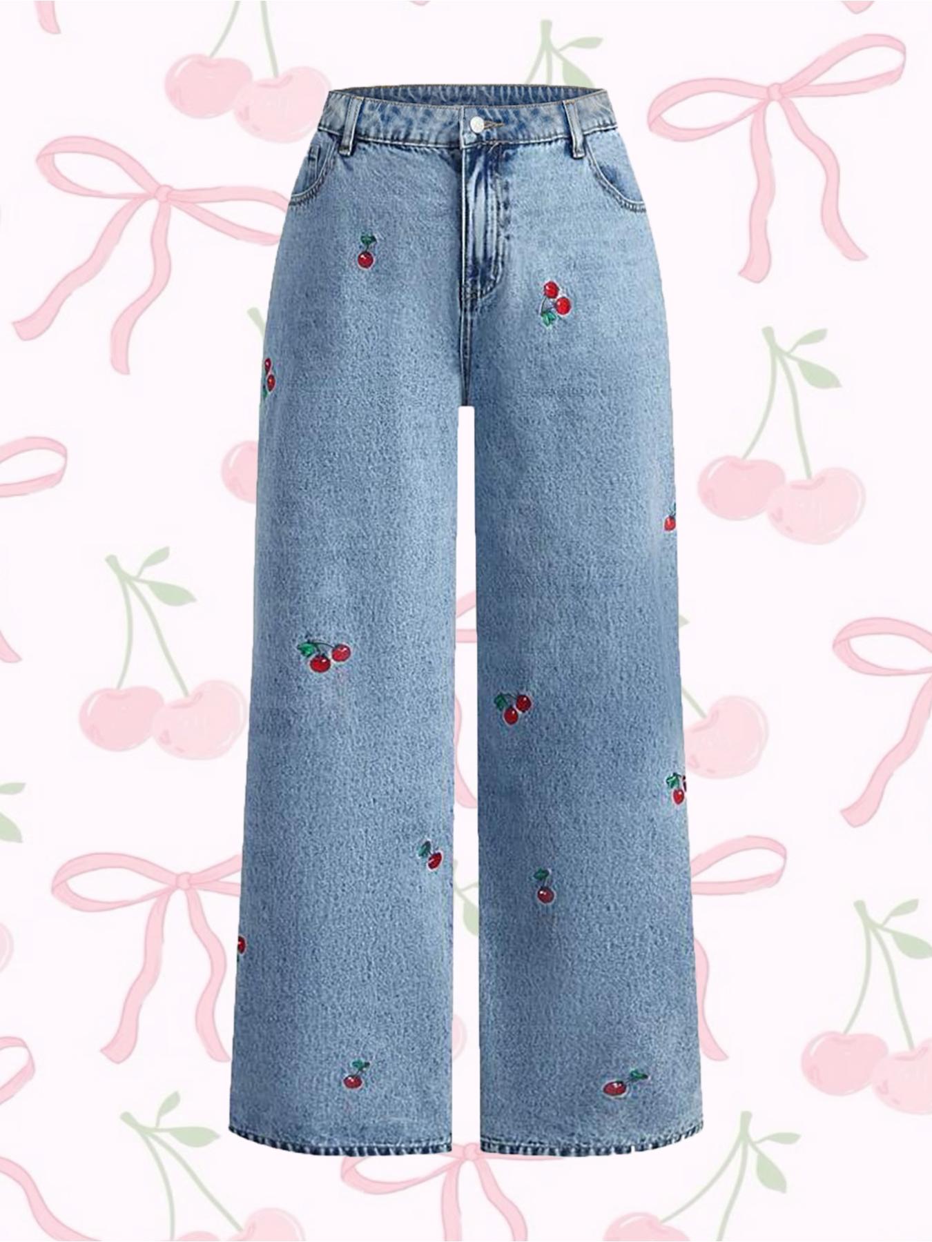 2026 Women'S Hand Embroidered Cherry Casual Straight Leg Wide Pants, Elegant Woven Denim Jeans, All Seasons Fashion, Comfortable Fit Trouser