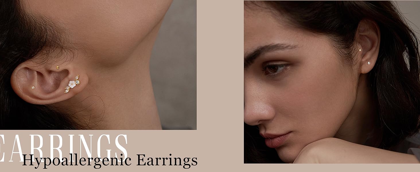 YADOCA 12Pcs 16G Tragus Earrings for Women Cartilage Earring Flat Back Stainless Steel Top Screw CZ Butterfly Bee Flower Moon Heart Flatback Stud Earrings Labret Conch Helix Cartilage Tragus Piercing Jewelry Set