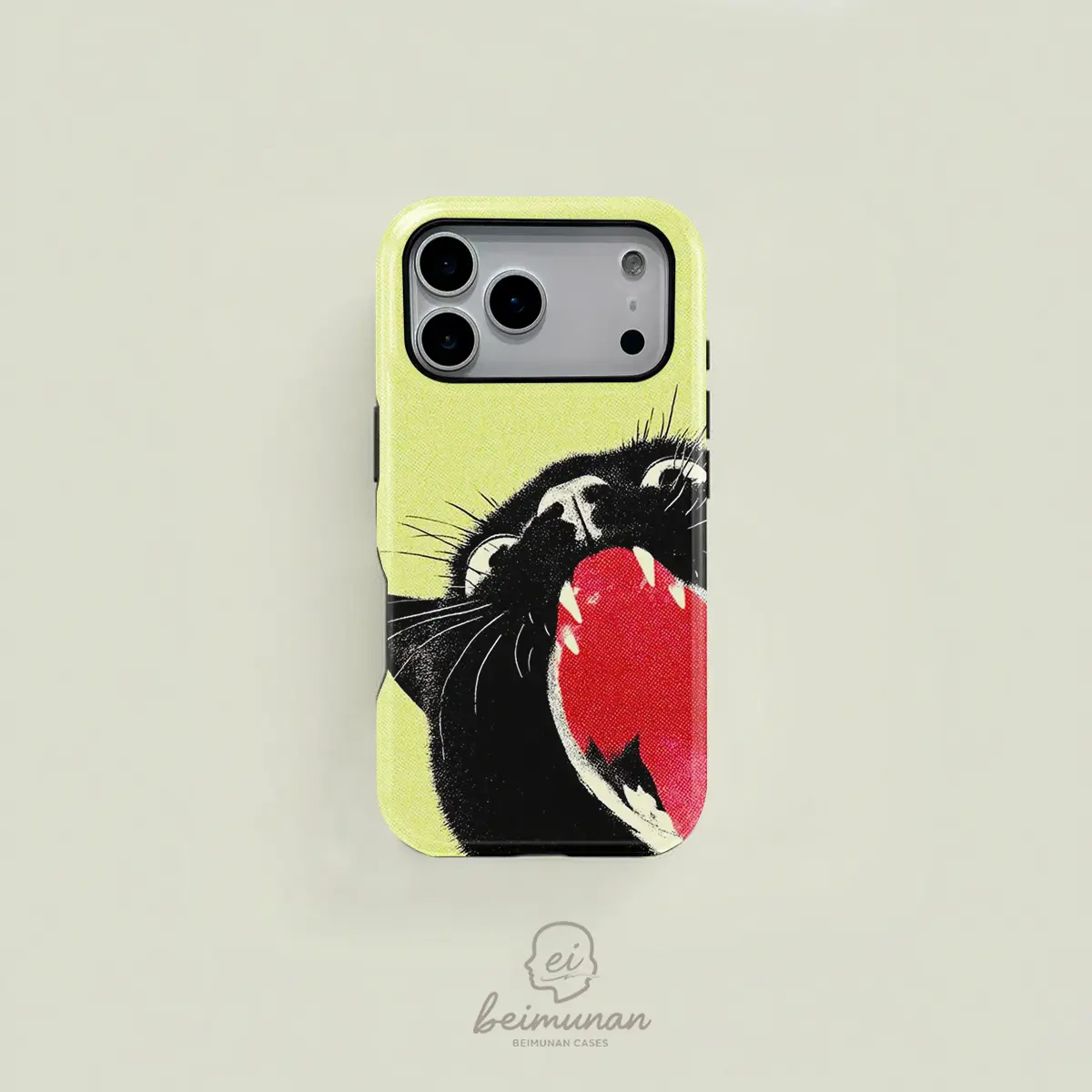 Yellow cartoon-style black cat with open mouth design, durable 2-in-1 protective case, MagSafe compatible, suitable for iPhone 17/16/15/14/13/12/11 Pro Max/Plus/Pro, simple and stylish phone case, perfect birthday gift., Smartphone, Handheld