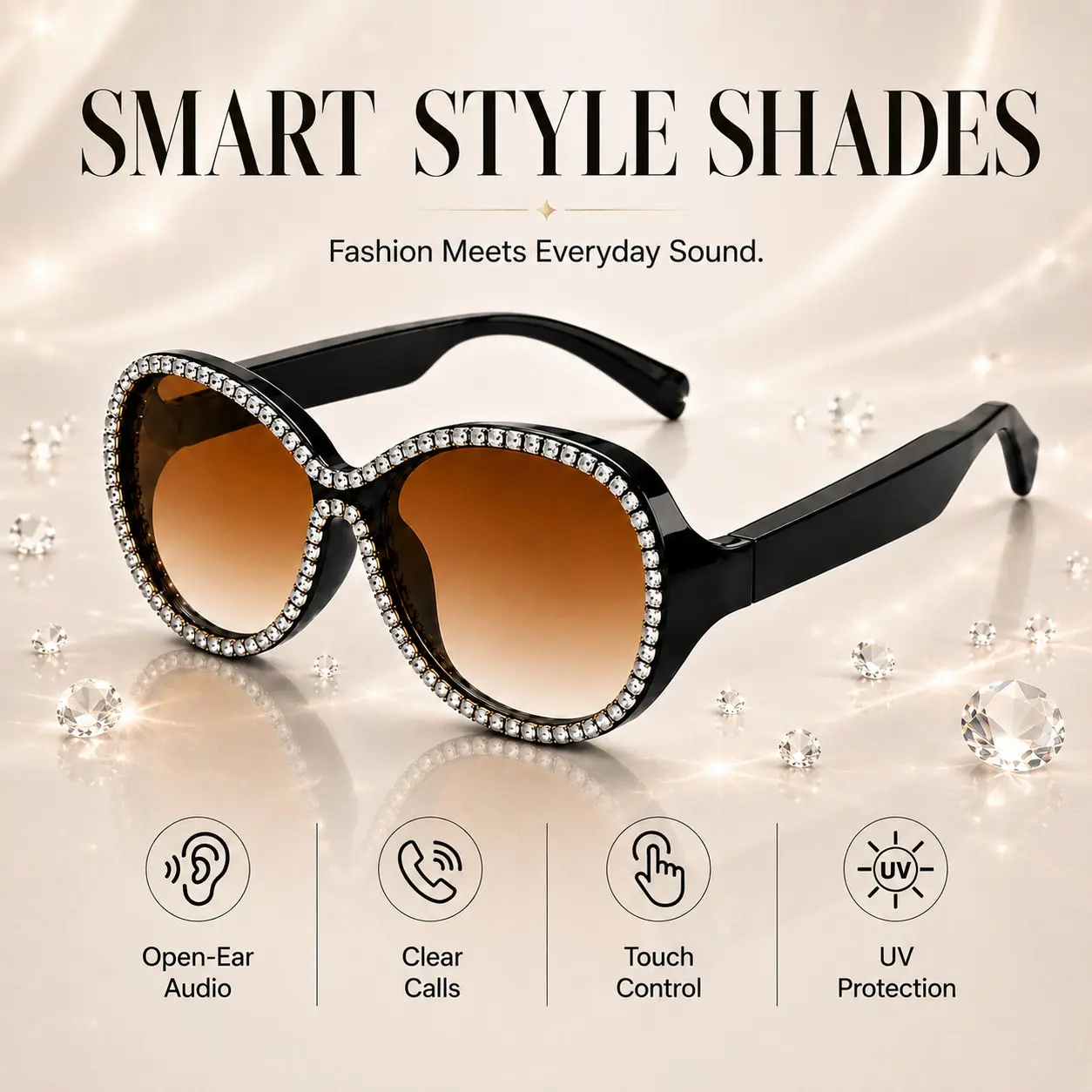 Rhinestone Bluetooth Smart Wireless Headphone Glasses for Women, Open-Ear Audio Sunglasses with Built in Speakers and Mic, Touch Control, Hands-Free Calling, Wireless Music, Fashion Tech Gift