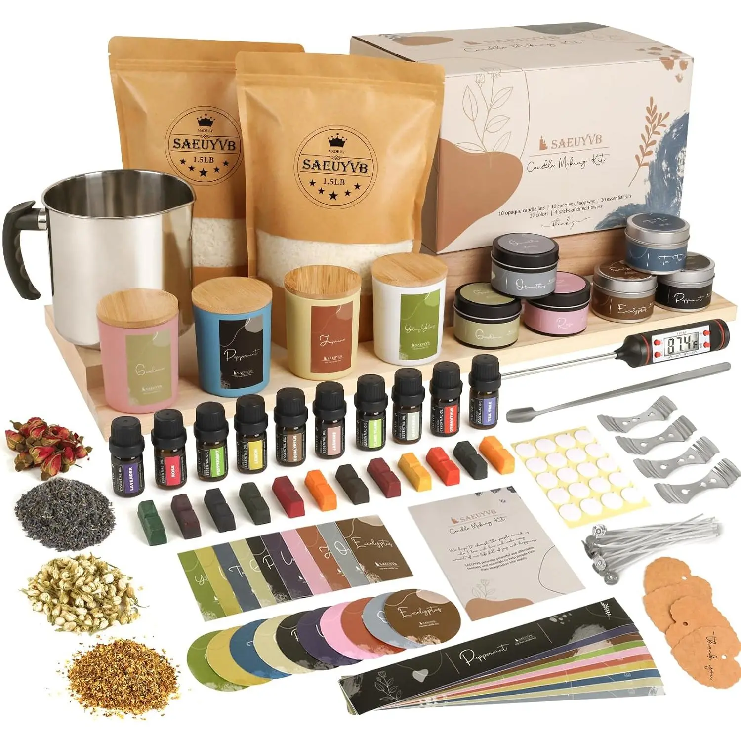 SAEUYVB Candle Making Kit - DIY Starter Soy Candle Making Supplies/Kit - Soy Wax, 10 Jars & Tins, 10 Pleasant Scents, Color Dyes & More,Perfect Candle Making Kit for Adults