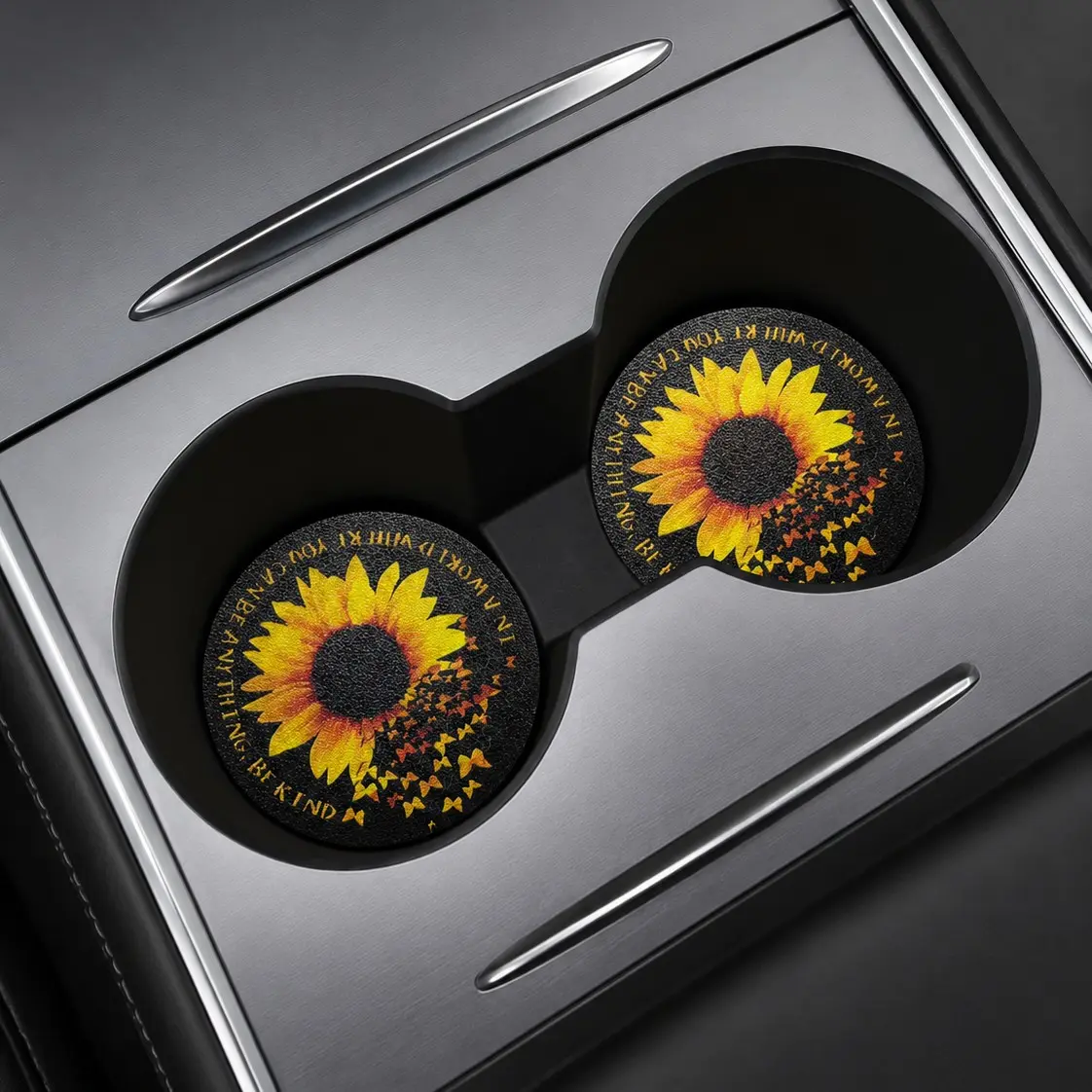 2PCS Sunflower Car Cup Holder Coasters, 2.56 Inch Non-Slip Car Cup Holder Inserts, Absorbent Drink Mats for Water Bottles, Coffee Cups, Aesthetic Car Accessory, Automotive Interior Accessories for Cars, SUVs, Trucks & RVs