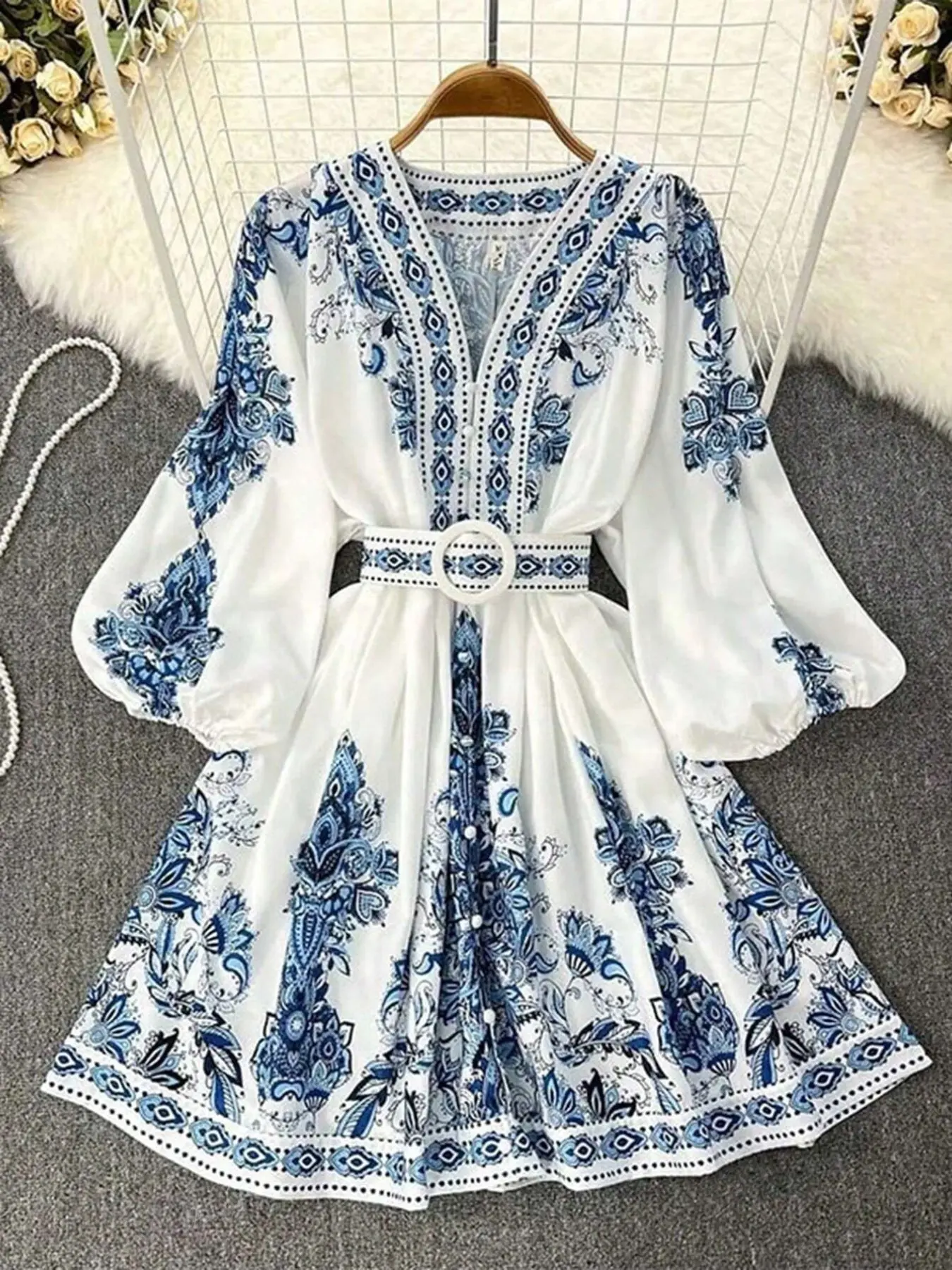 Women's Boho Print V-Neck Long Puff Sleeve Belted A-Line Mini Dress, Casual Chic Summer Style for Any Occasion