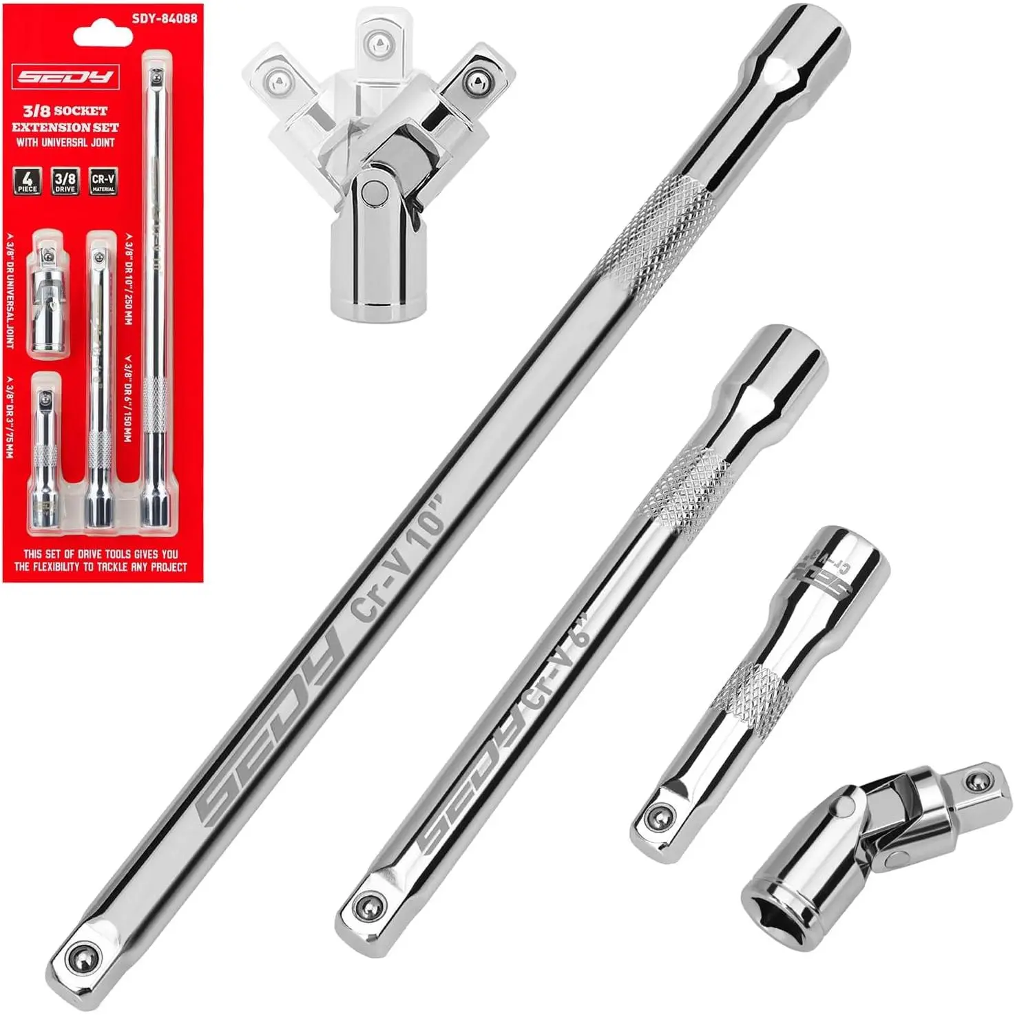 3/8" Drive 4-Piece Extension Set - Cr-V Construction, Includes 3, 6, 10 in Extensions & Universal Joint Socket for Automotive Car Tire Lug Wrench Repair