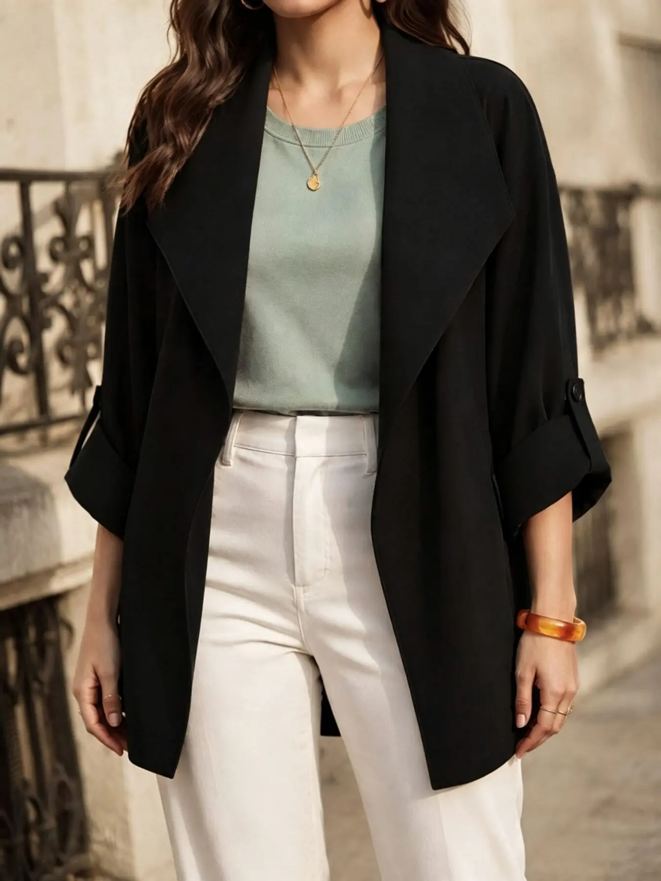 Plus Size Women's Oversized Lapel Coat, Adjustable Button Sleeves, Lightweight Jacket, Workwear, Casual Office Streetwear, Single Piece