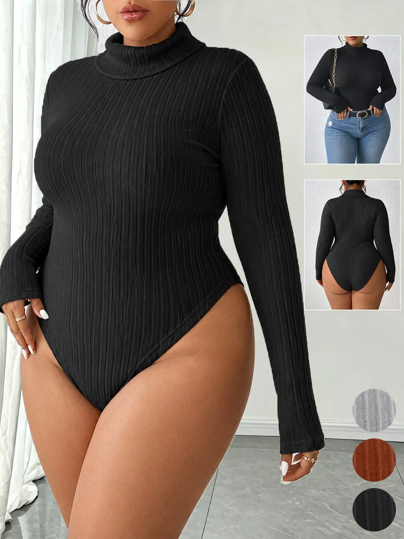Plus Size Women High Neck Ribbed Long Sleeve Bodysuit Jumpsuit, Slim Fit Striped Chic Casual Top, Fall Winter, Pair with High Waist Jeans