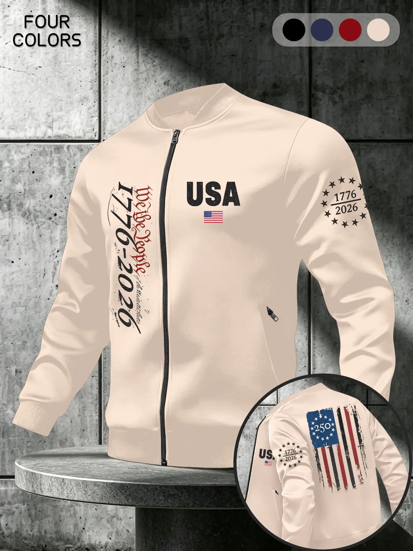 Men's Pocket Jacket 1776-2026, American Flag Print Baseball Collar Zipper Coat, Casual Street Wear, Patriotic Party