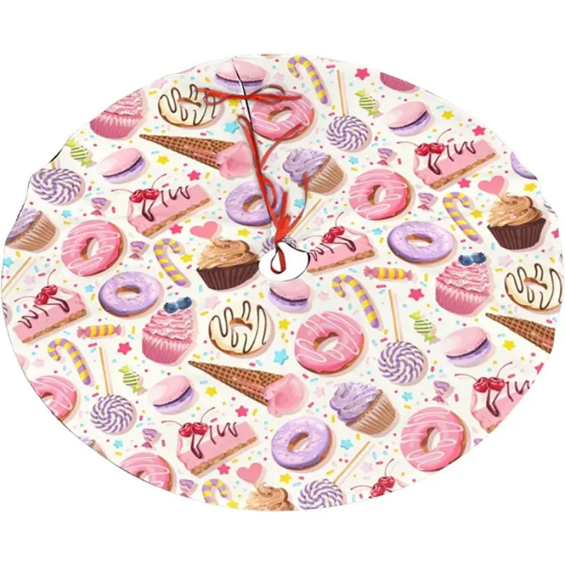 2D Flat Christmas Tree Skirt, Candy Lollipop Macaron Paper Cupcake Design, Holiday Party Decor, No Power Needed, Festive Home Decoration