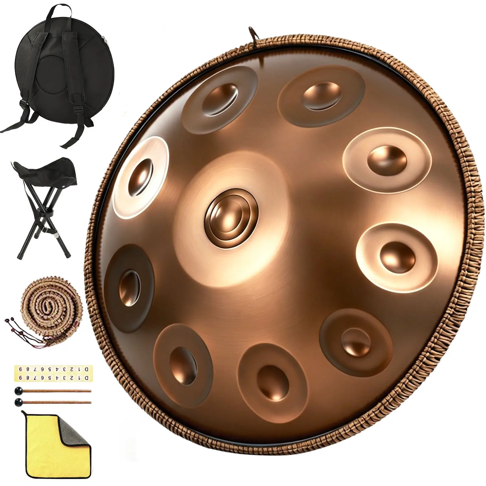22In Stainless Steel Handpan Drum, 10-Note Triple-Topped D Minor Kurd 432Hz Hand Tuned Sound Healing Instrument for Adults Yoga Meditation, Rust Protected Kit with Soft Bag, Mallets, Stand, Cloth, Sound Stickers, Tuning Tools