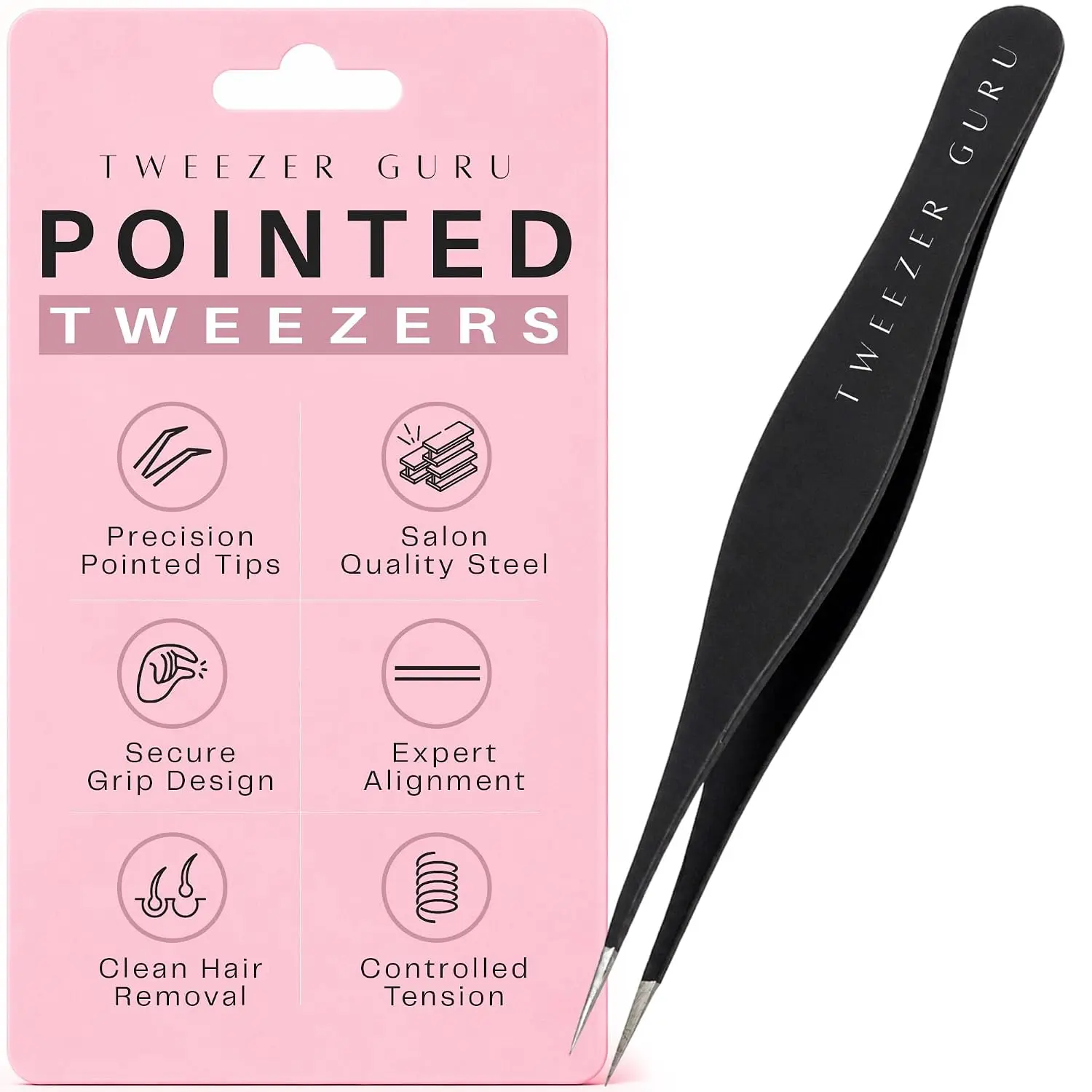 Pointed Tweezers - Needle Nose Tip, Best Tweezers for Eyebrows and Ingrown Hair, Surgical Pointed for Blackheads & Splinters (Black)