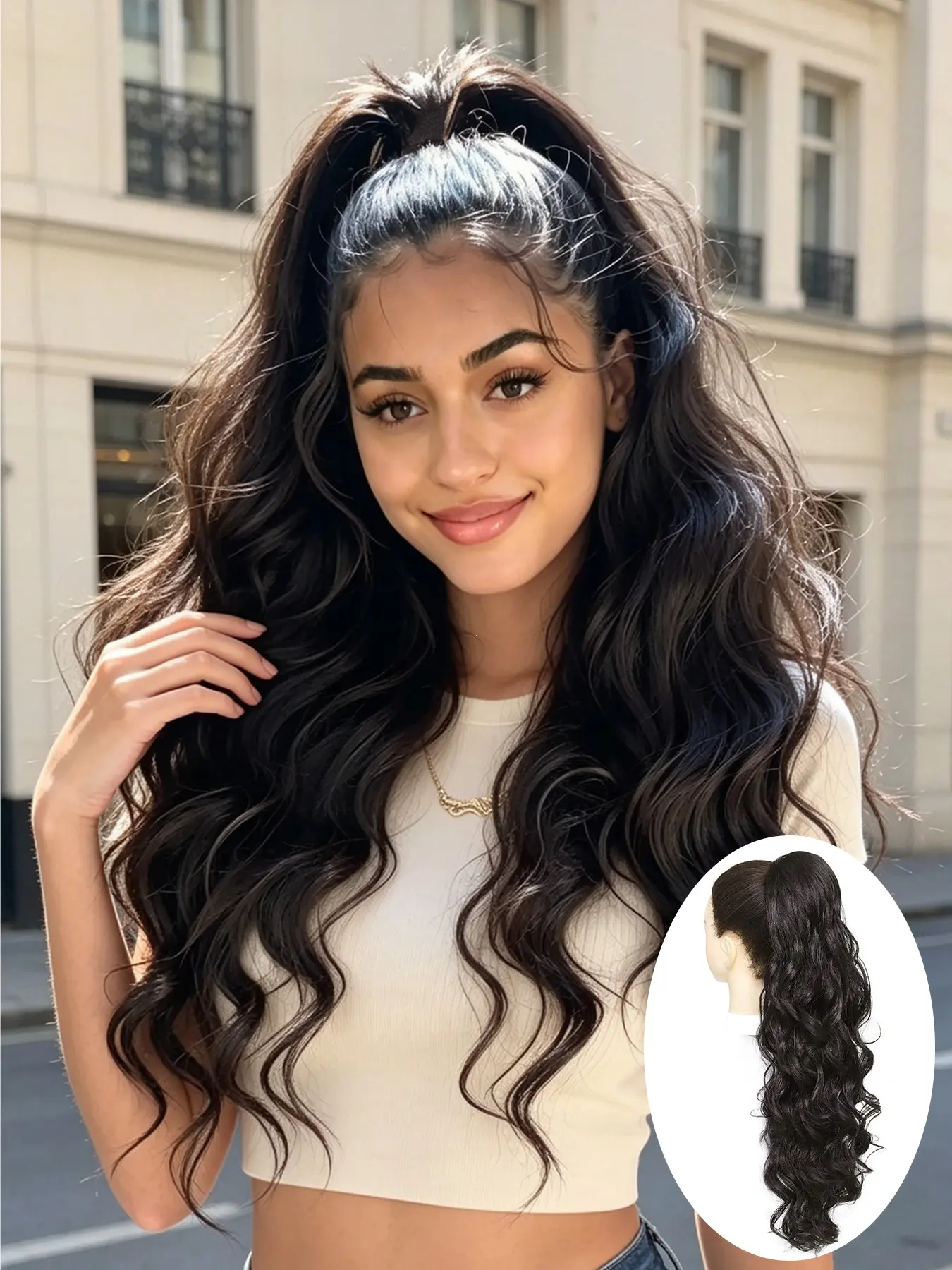 Ponytail hair Extension  for women, Drawstring Ponytail Hair Extensions,Long Body Wave Synthetic Pony Tails Hair Pieces Heat Resistant Wrap Around Drawstring Curly Wavy Ponytail Hairpieces for Daily Use (Natural Black)