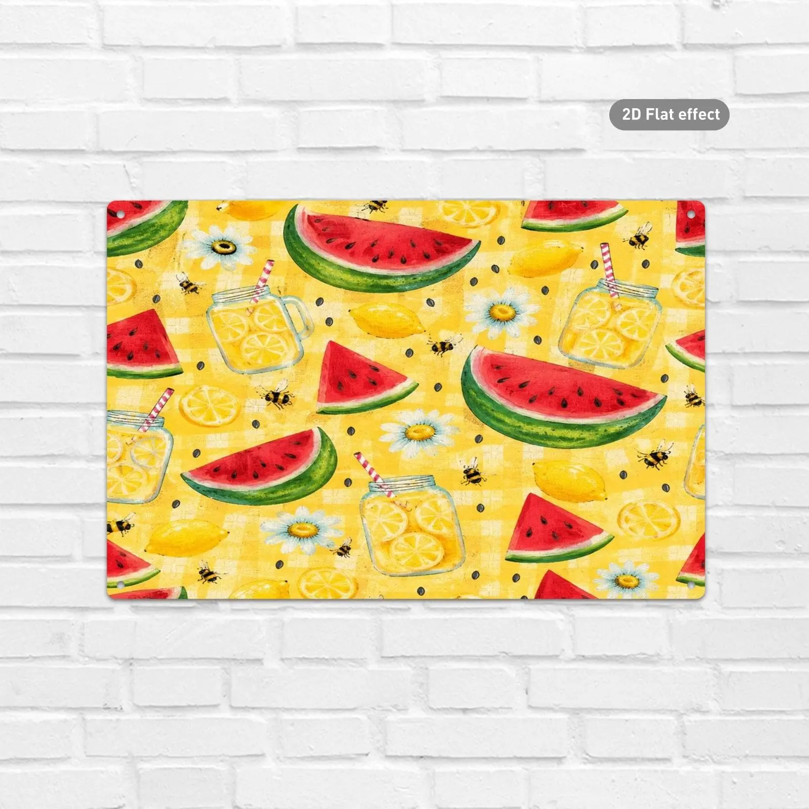 Cheerful Summer Themed Wall Art Poster, Yellow Gingham Background with Playful Repeating Print of Watermelon Slices, Whole Lemons, Daisy Flowers & Bees, 20x30 Size Digital Printed Decor, Bright Refreshing Hanging Decor for Indoor Space