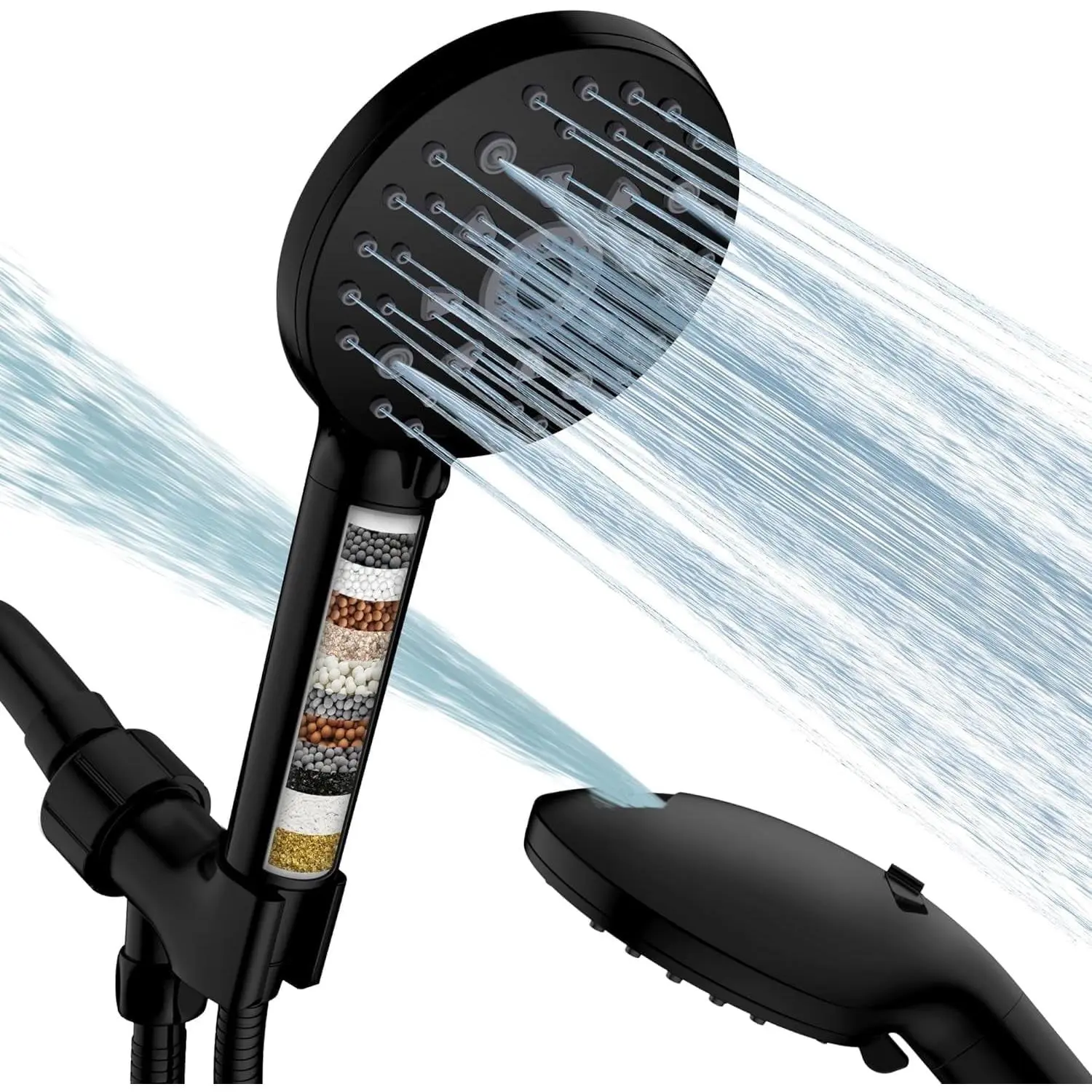 FEELSO 4.5in Pressure Filtered Handheld Shower Head with Hose, High-Pressure 7 Spray Modes (2 Power Wash Modes), 15-Stage Hard Water Filtration, 100% Watertight Hose, Anti-Clog Nozzles for Skin Dryness & Itching Relief, Bathroom Fixture, Pressure Filtered