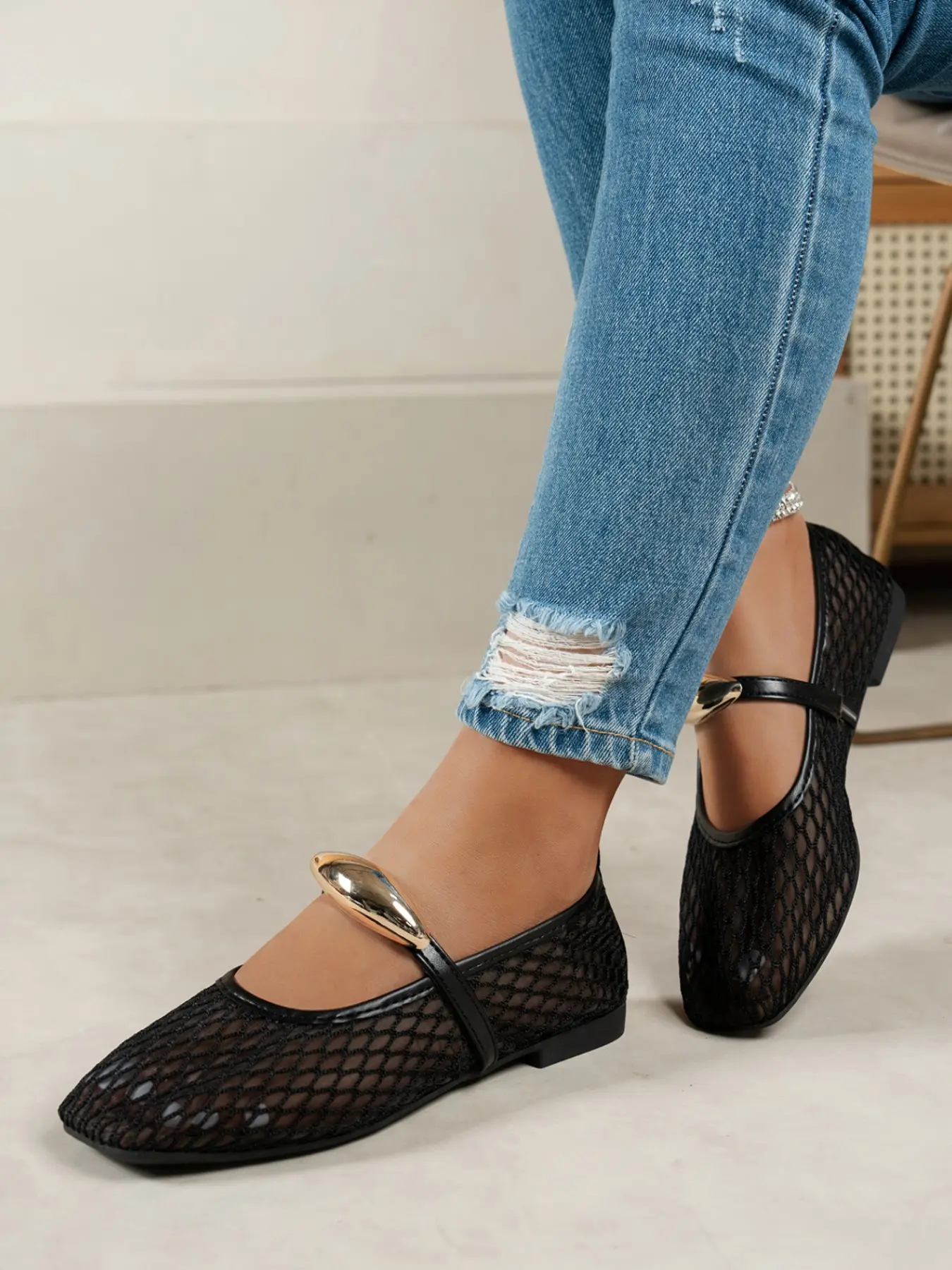 Women's Mesh Mary Jane Chic Shoes, Breathable Square Toe, Flat Sole, Metal Decor, Soft Rubber Outsole, All Seasons Fashion Footwear