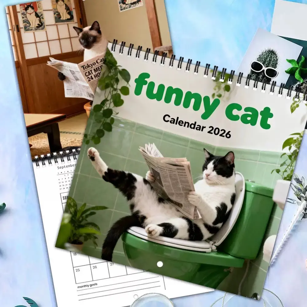 2026 Funny Cat Calendar, 12-Month Wall Calendar Planner with Monthly Goals and Hanging Hole, Cute Toilet Cat Design, Perfect Gift for Cat Lovers, Office & HomeDecor