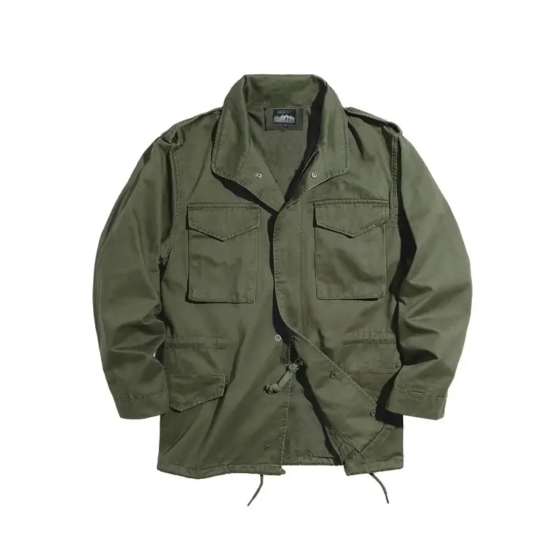 Men's pure cotton vintage classic collared zip-up long sleeve jacket,  field work jacket, multi-pocket design, drawstrings at the waist and hem, suitable for daily casual outdoor activities in spring, autumn, and winter.