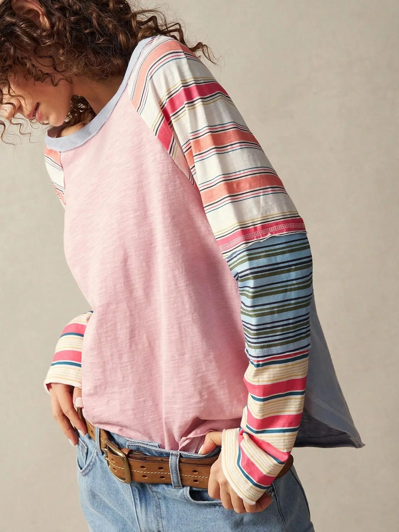 Women's Vintage Striped Shoulder Pad Long Sleeve Top, Casual Everyday Tops Colorblock Fitted T-Shirt, Daily & Street Style Clothing, Streetwear, Fashion