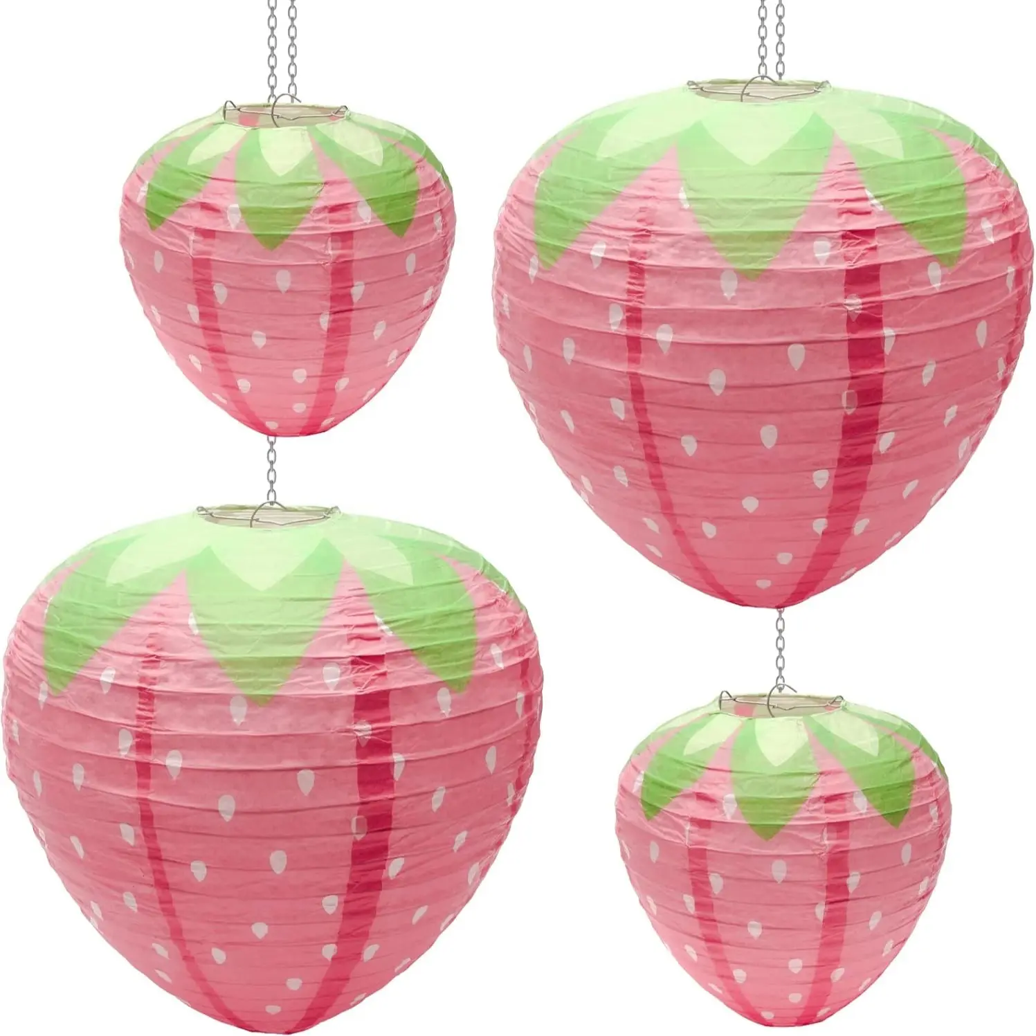 4 Piece Strawberry Paper Lanterns, Large Strawberries Hanging Decorative Paper Lanterns for Strawberry Party, 3D Paper Lanterns 20.32cm, 30.48cm