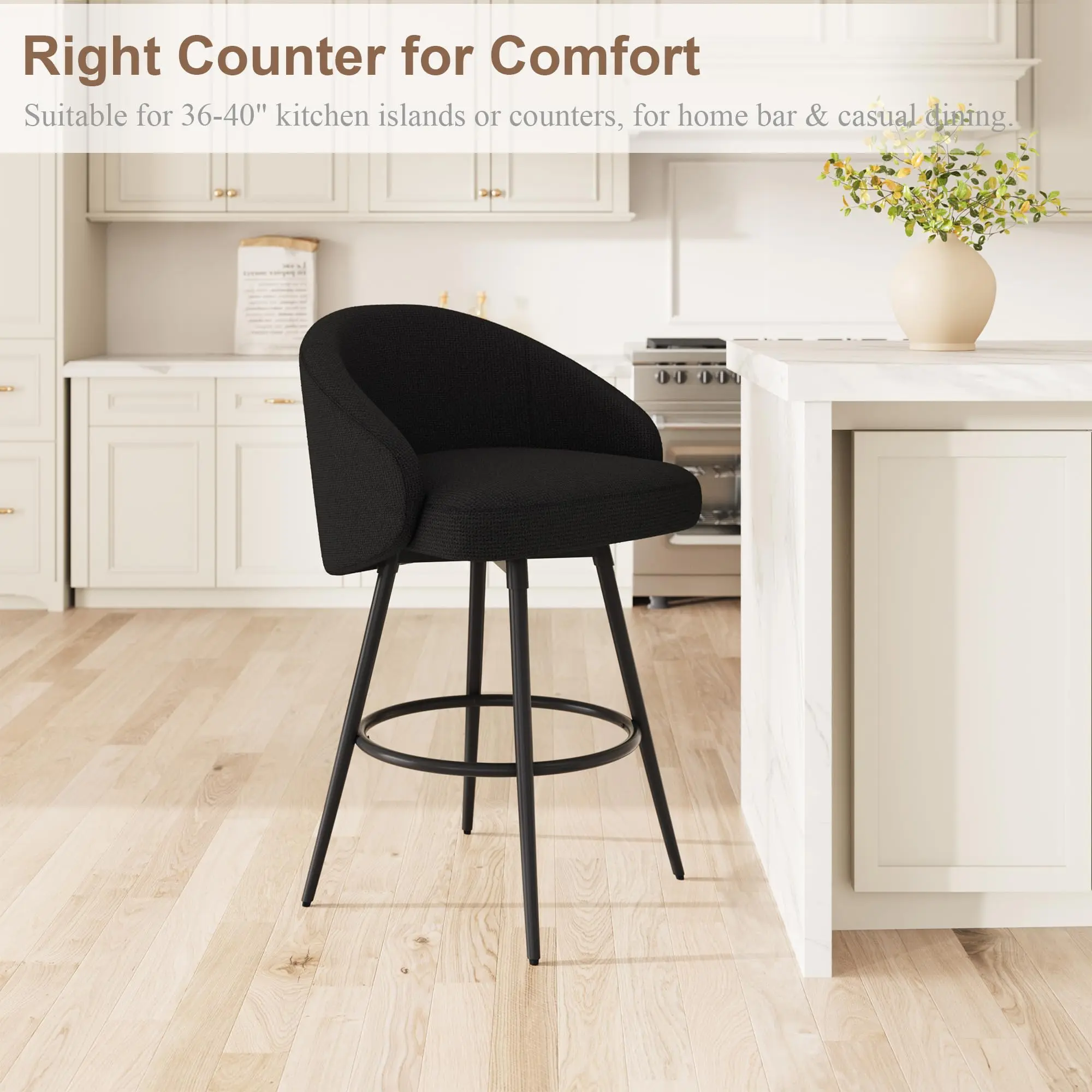 Modern Swivel Bar Stool with Leaf-Shaped Back, Linen Upholstered Counter Height Chair with Wood Legs & Footrest, 360 Degree Bar Stool for Kitchen Island, Home Bar