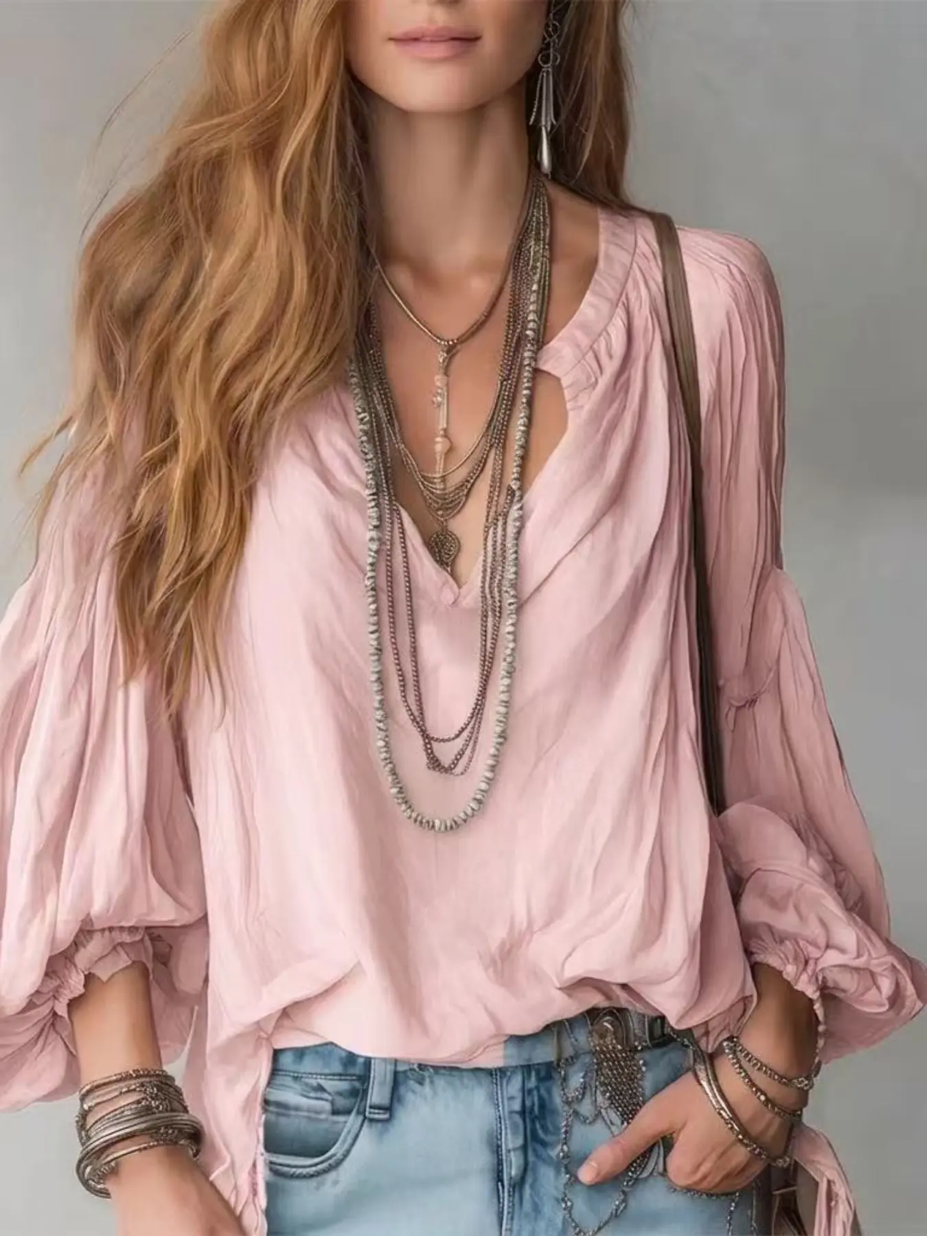 Women's Boho Farmhouse Top, V Neck Ruched Texture Lantern Sleeve, Loose Fit Vacation Shirt Casual, Long Sleeve, Six Colors Available