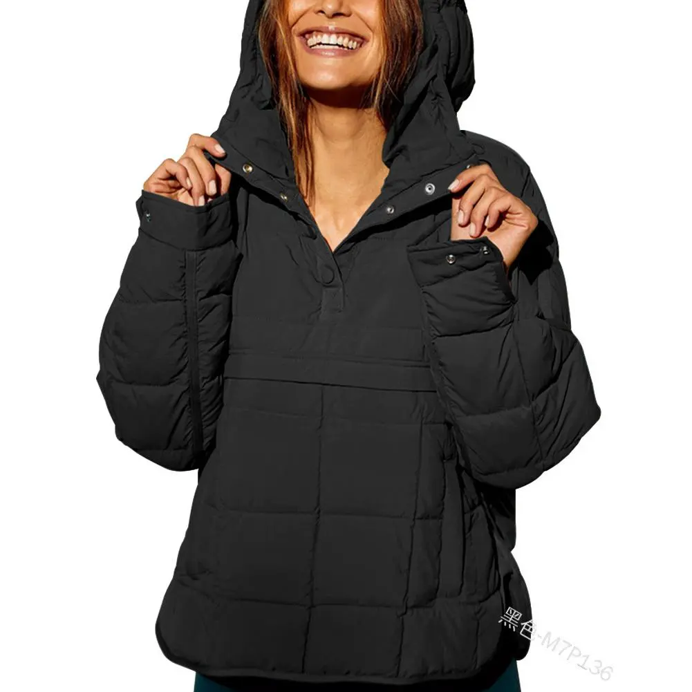 1.1 Women's Oversized Hooded Pullover Puffer Coat - Lightweight Quilted, Chest & Side Pockets, Minimalist Basic Tops, Autumn Winter Casual Outwear,back to school,back to school shopping
