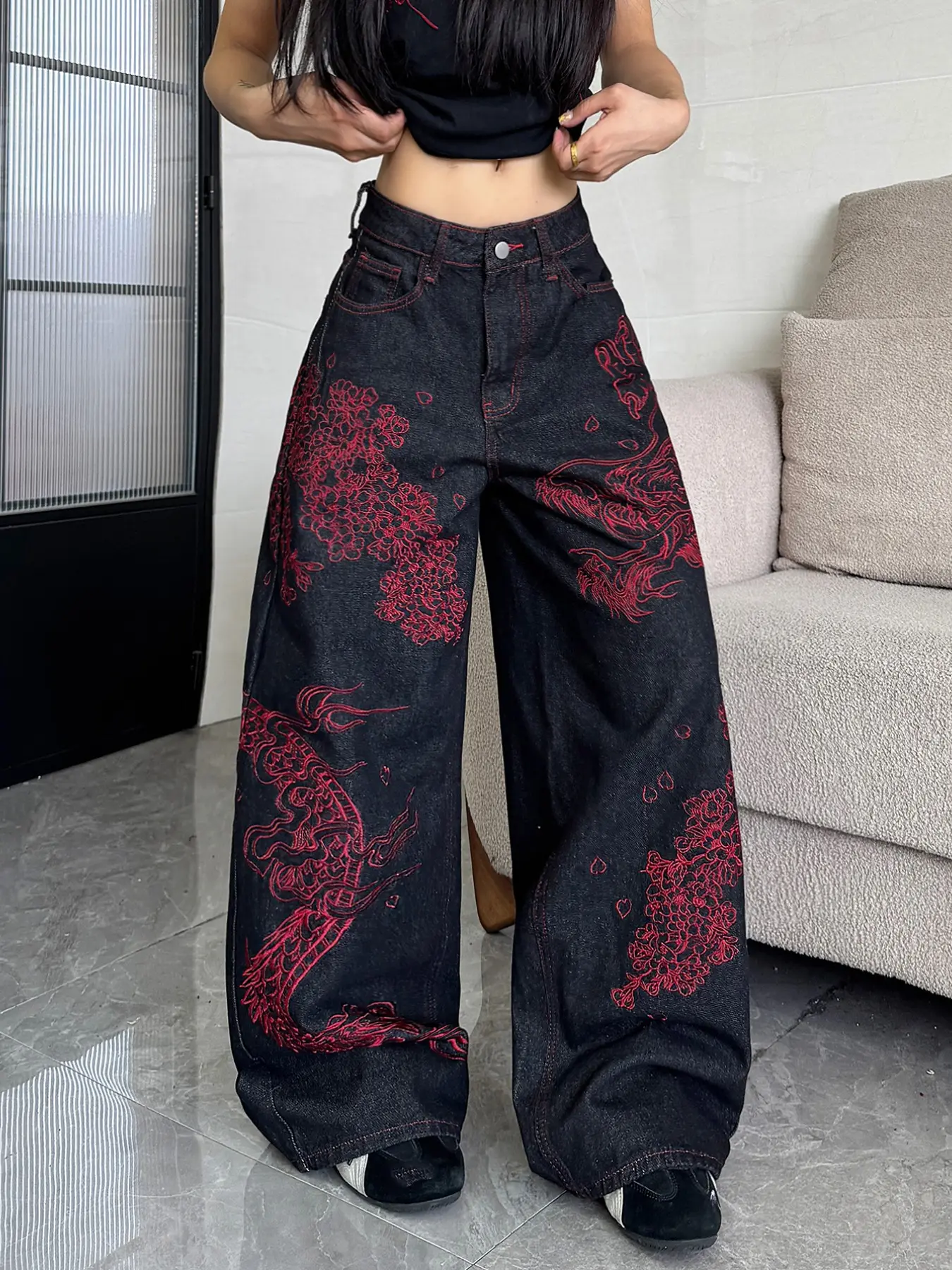 Women's Street Style Dragon Embroidered Jeans, Denim Pants, Loose-Fit High-Waisted Wide Leg Pants, Fashionable Trendy Long Trousers, No Belt Included